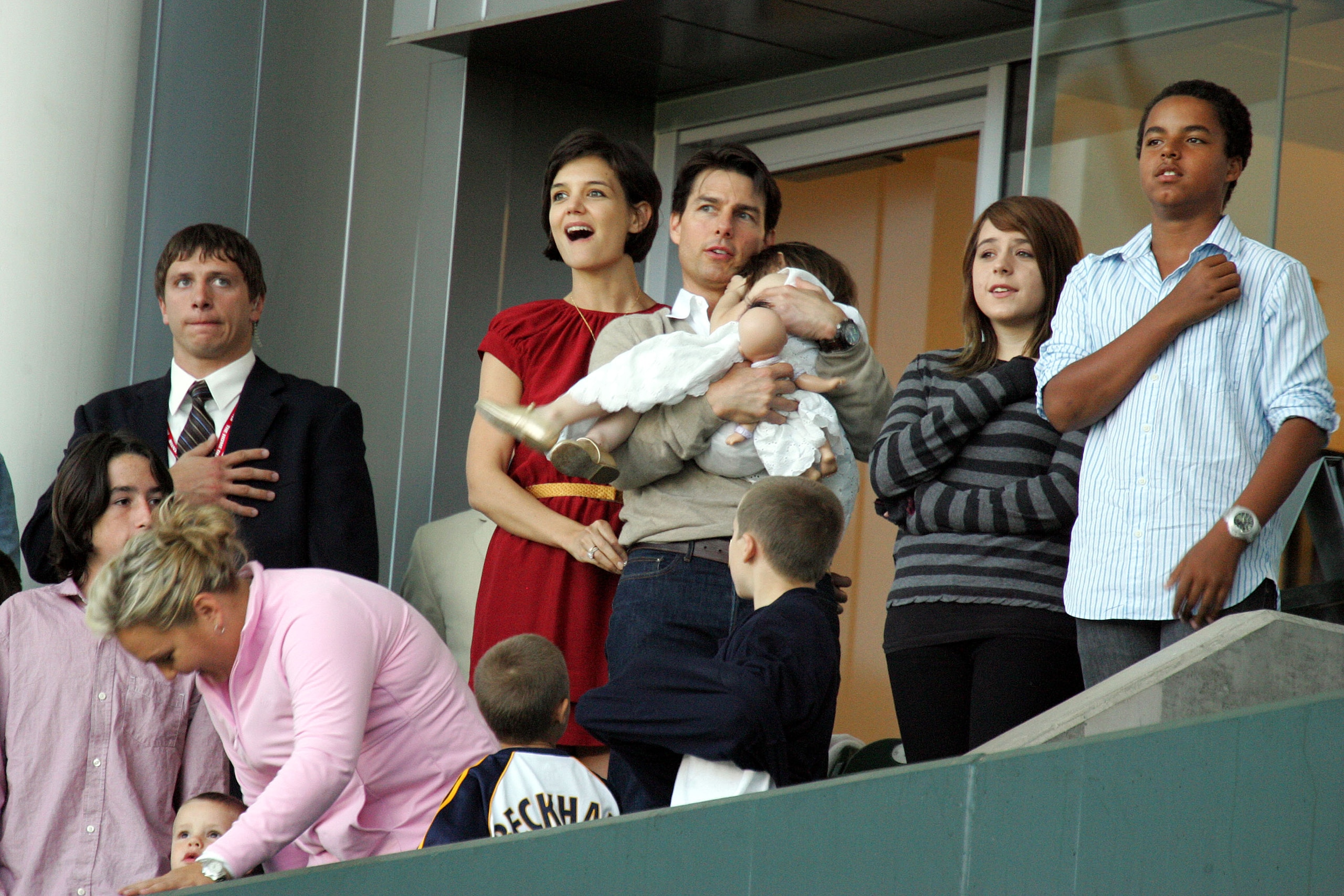 LOS ANGELES, CA - MAY 10:  Tom Cruise (C) and Katie Holmes with daughters Suri Cruise, Isabella Kidman-Cruise (2nd R) and son Connor Kidman-Cruise (R), with David Beckham's sons Brooklyn (front R), Romeo and Cruz Beckham (front L), watch the Major League