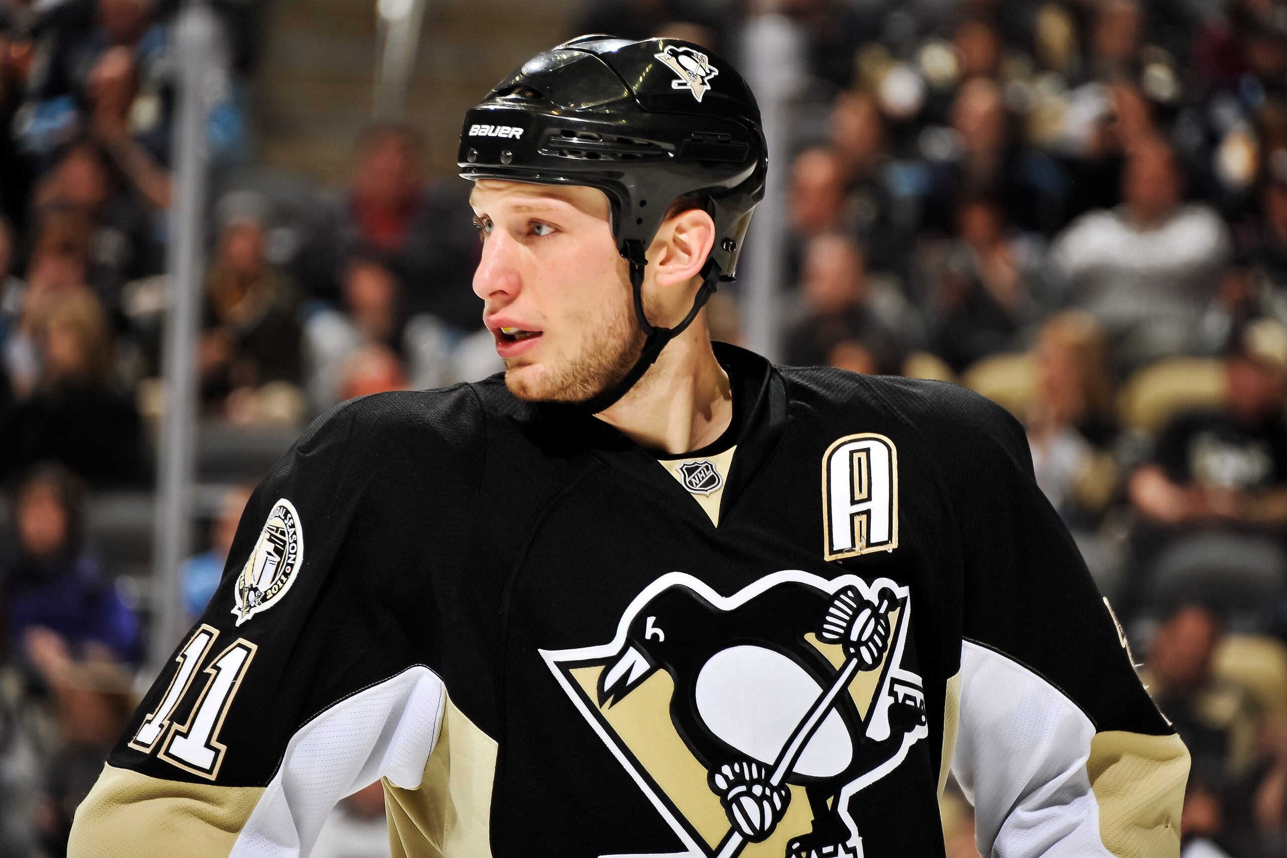 PITTSBURGH, PA - MARCH 13:  Jordan Staal #11 of the Pittsburgh Penguins waits for a face off against the Edmonton Oilers on March 13, 2011 at CONSOL Energy Center in Pittsburgh, Pennsylvania.  (Photo by Jamie Sabau/Getty Images)