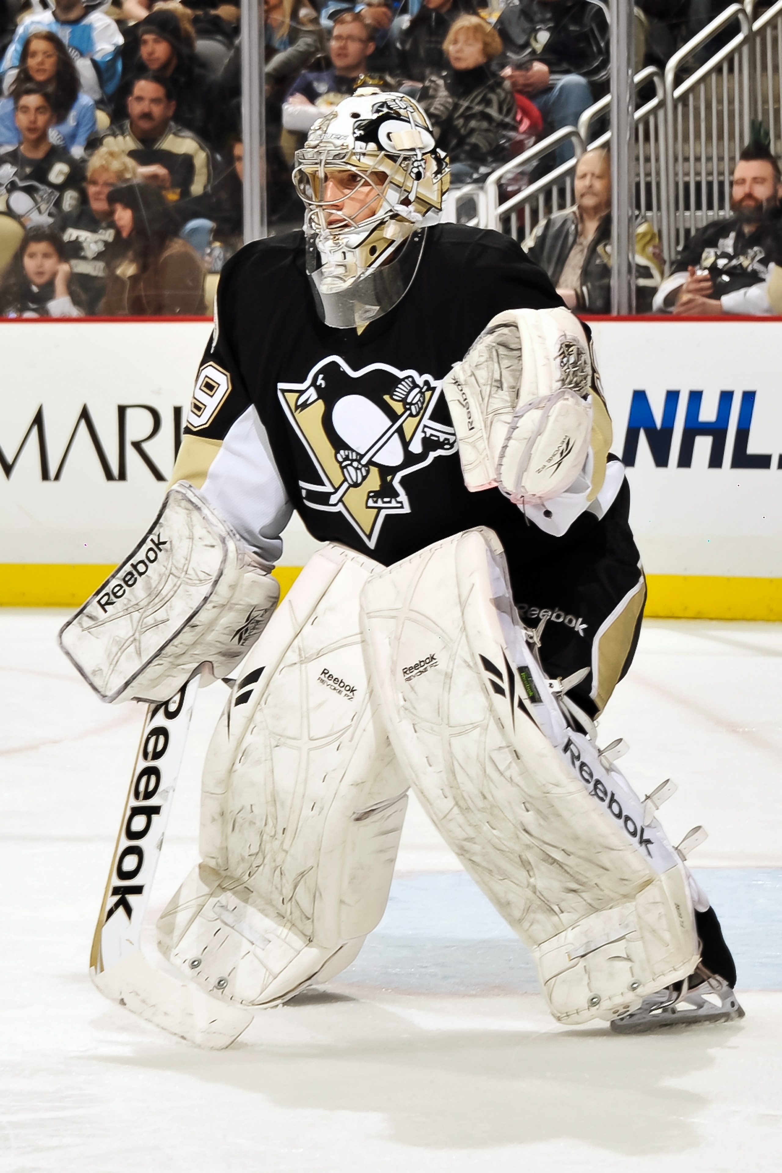 PITTSBURGH, PA - MARCH 13:  Goaltender Marc-Andre Fleury #29 of the Pittsburgh Penguins defends the net against the Edmonton Oilers on March 13, 2011 at CONSOL Energy Center in Pittsburgh, Pennsylvania.  (Photo by Jamie Sabau/Getty Images)