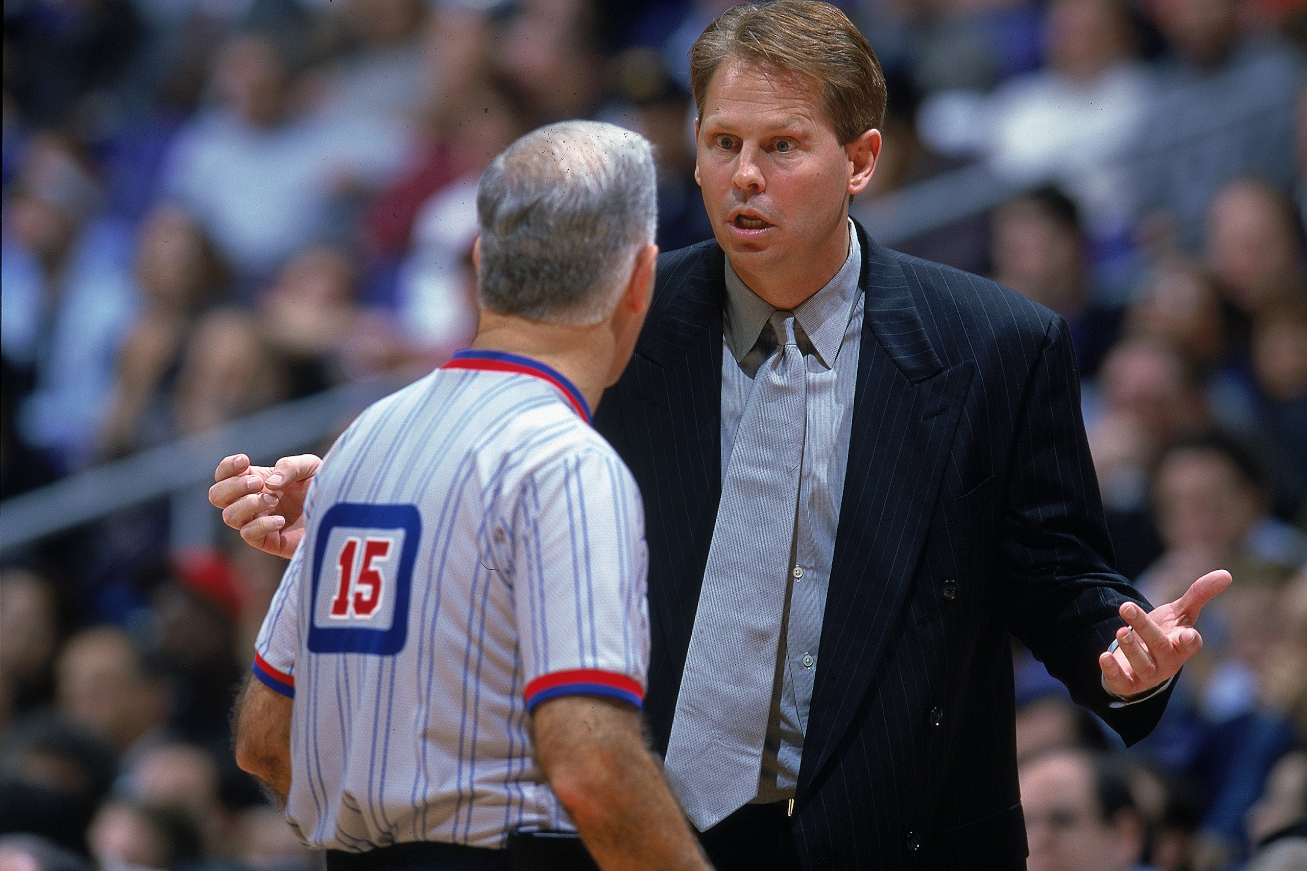 30 Nov 1999:  Coach Danny Ainge of the Phoenix Suns talks with the referee during the game against the Los Angeles Clippers at the Staples Center in Los Angeles, California. The Suns defeated the Clippers 94-80.    Mandatory Credit: Harry How  /Allsport