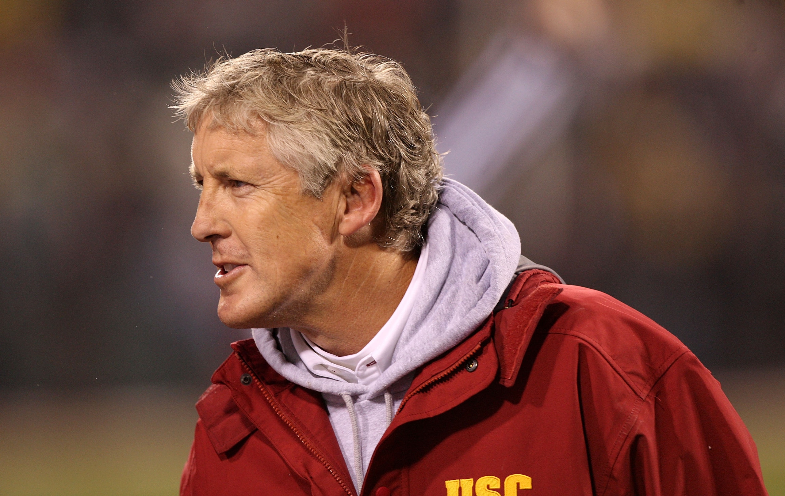 SAN FRANCISCO - DECEMBER 26: Head coach Pete Carroll of the USC Trojans celebrates against the Boston College Eagles during the 2009 Emerald Bowl at AT&T Park on December 26, 2009 in San Francisco, California. (Photo by Jed Jacobsohn/Getty Images)