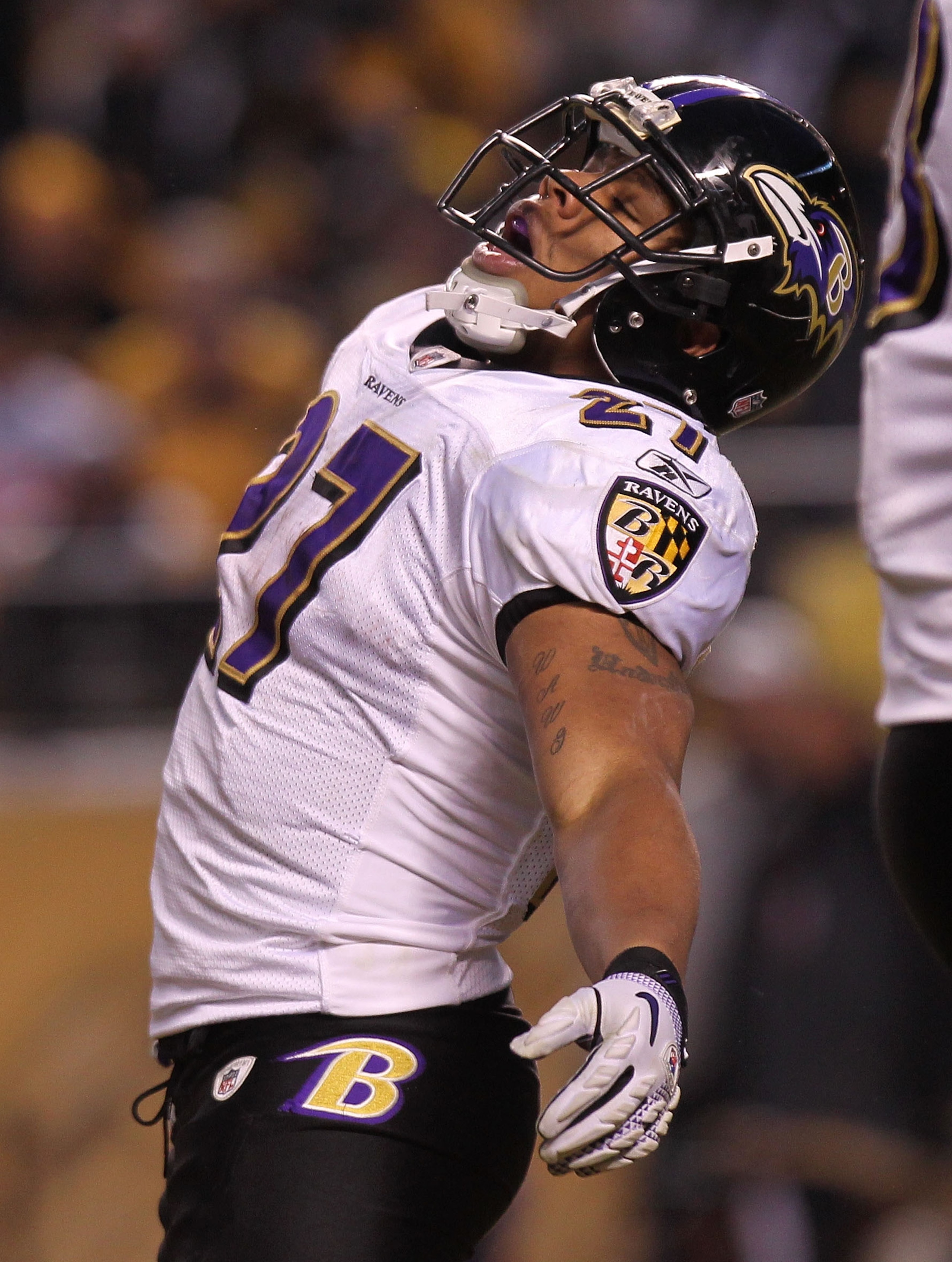 PITTSBURGH, PA - JANUARY 15:  Running back Ray Rice #27 of the Baltimore Ravens celebrates after scoring on a 14-yard run against the Pittsburgh Steelers in the AFC Divisional Playoff Game at Heinz Field on January 15, 2011 in Pittsburgh, Pennsylvania.  (