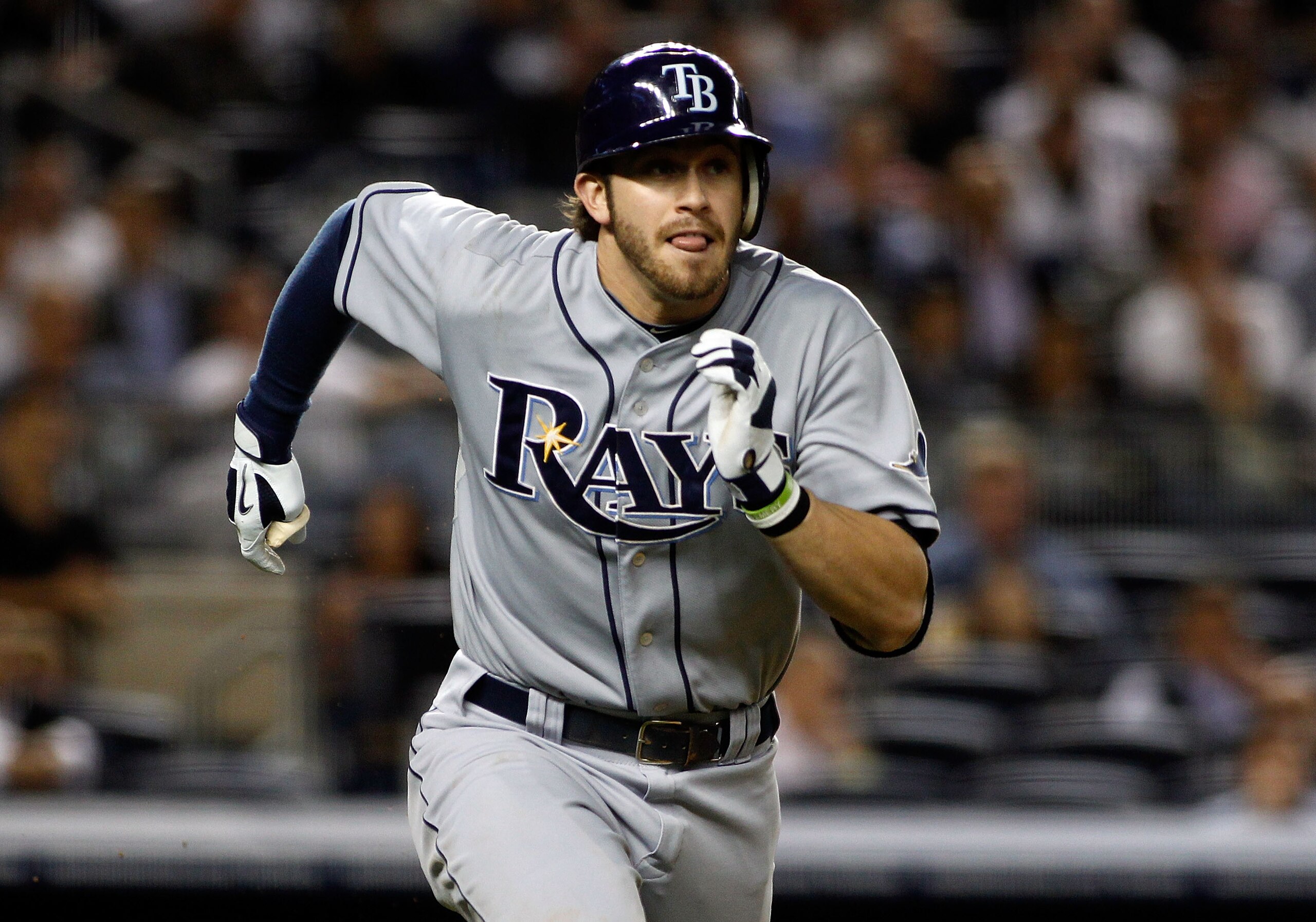 NEW YORK - SEPTEMBER 23:  Evan Longoria #3 of the Tampa Bay Rays hits a double in the sixth-inning against the New York Yankees  on September 23, 2010 at Yankee Stadium in the Bronx borough of New York City.  (Photo by Mike Stobe/Getty Images)