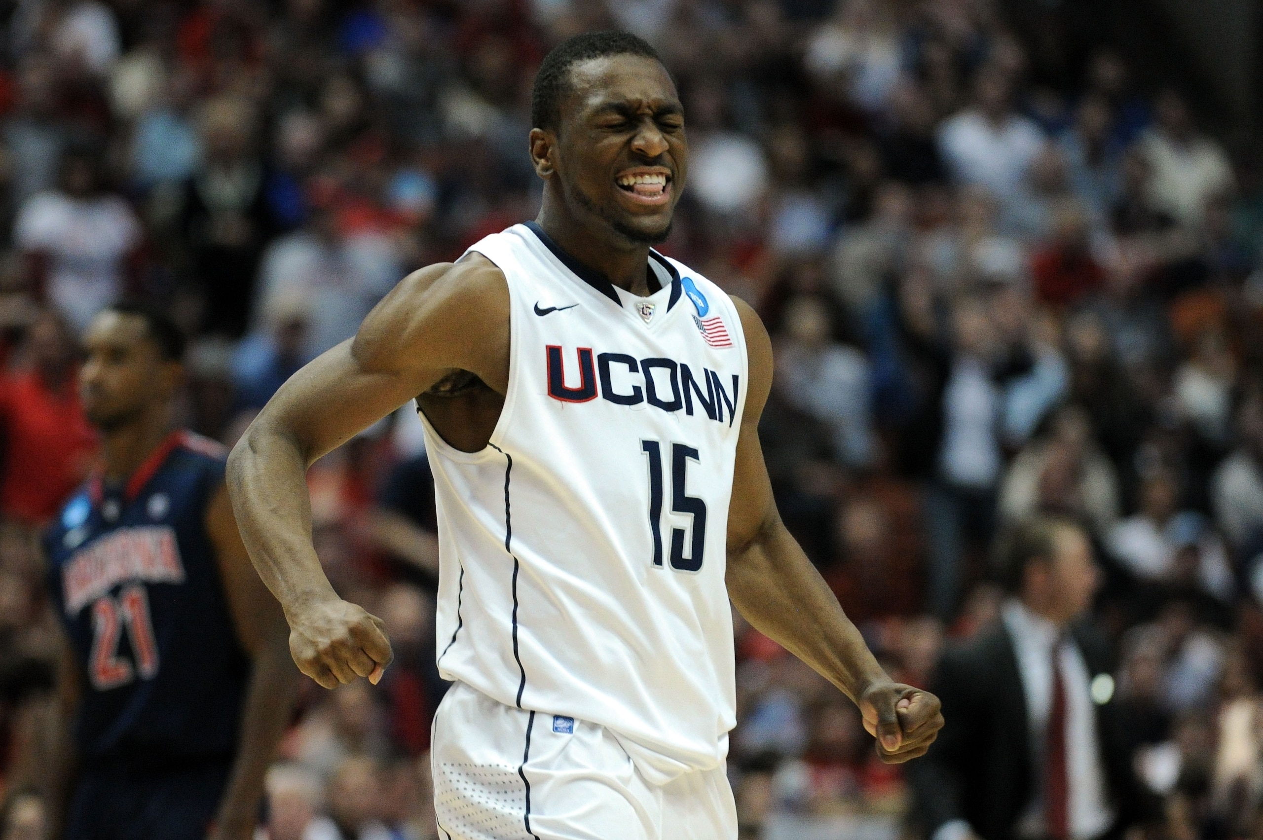 ANAHEIM, CA - MARCH 26:  Kemba Walker #15 of the Connecticut Huskies celebrates after a play towards the end of the game against the Arizona Wildcats during the west regional final of the 2011 NCAA men's basketball tournament at the Honda Center on March