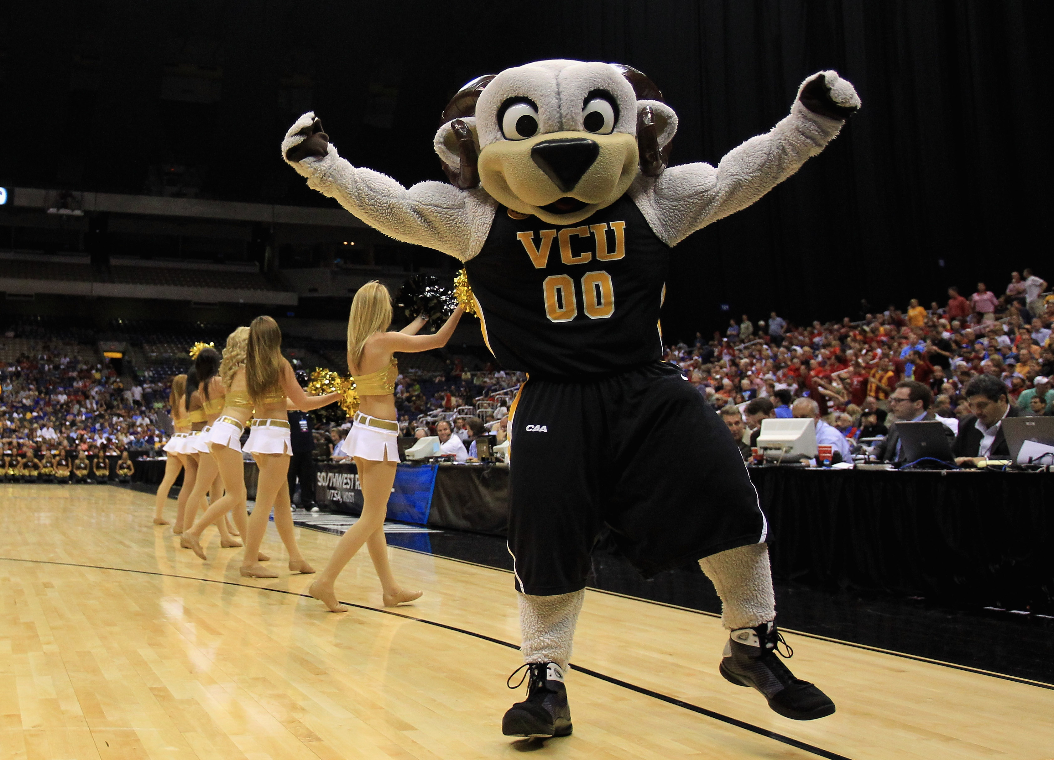SAN ANTONIO, TX - MARCH 25:  The Virginia Commonwealth Rams mascot and cheerleaders perform during the southwest regional of the 2011 NCAA men's basketball tournament against the Florida State Seminoles at the Alamodome on March 25, 2011 in San Antonio, T