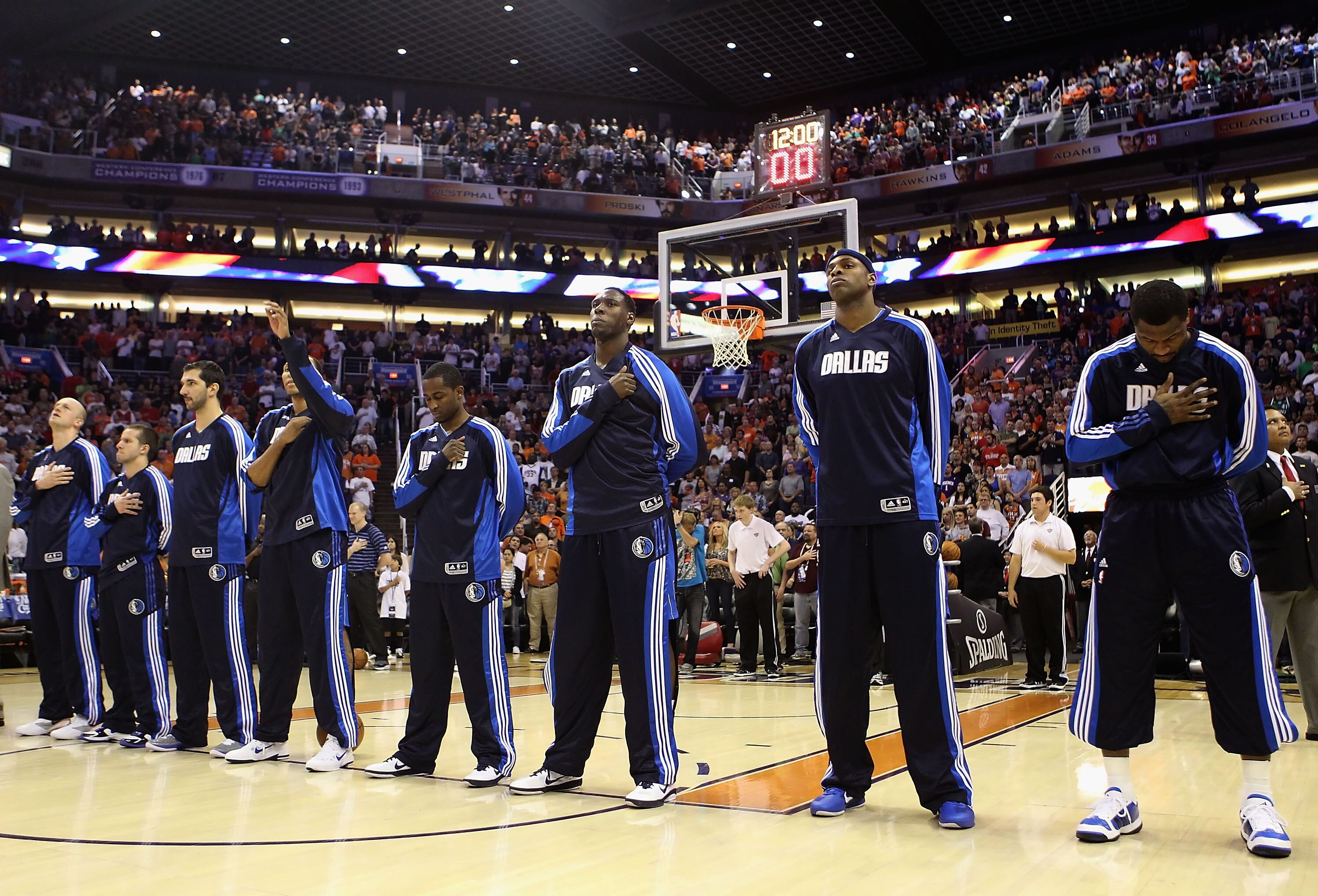 PHOENIX, AZ - MARCH 27:  The Dallas Mavericks before the NBA game against the Phoenix Suns at US Airways Center on March 27, 2011 in Phoenix, Arizona.  The Mavericks defeated the Suns 91-83. NOTE TO USER: User expressly acknowledges and agrees that, by do