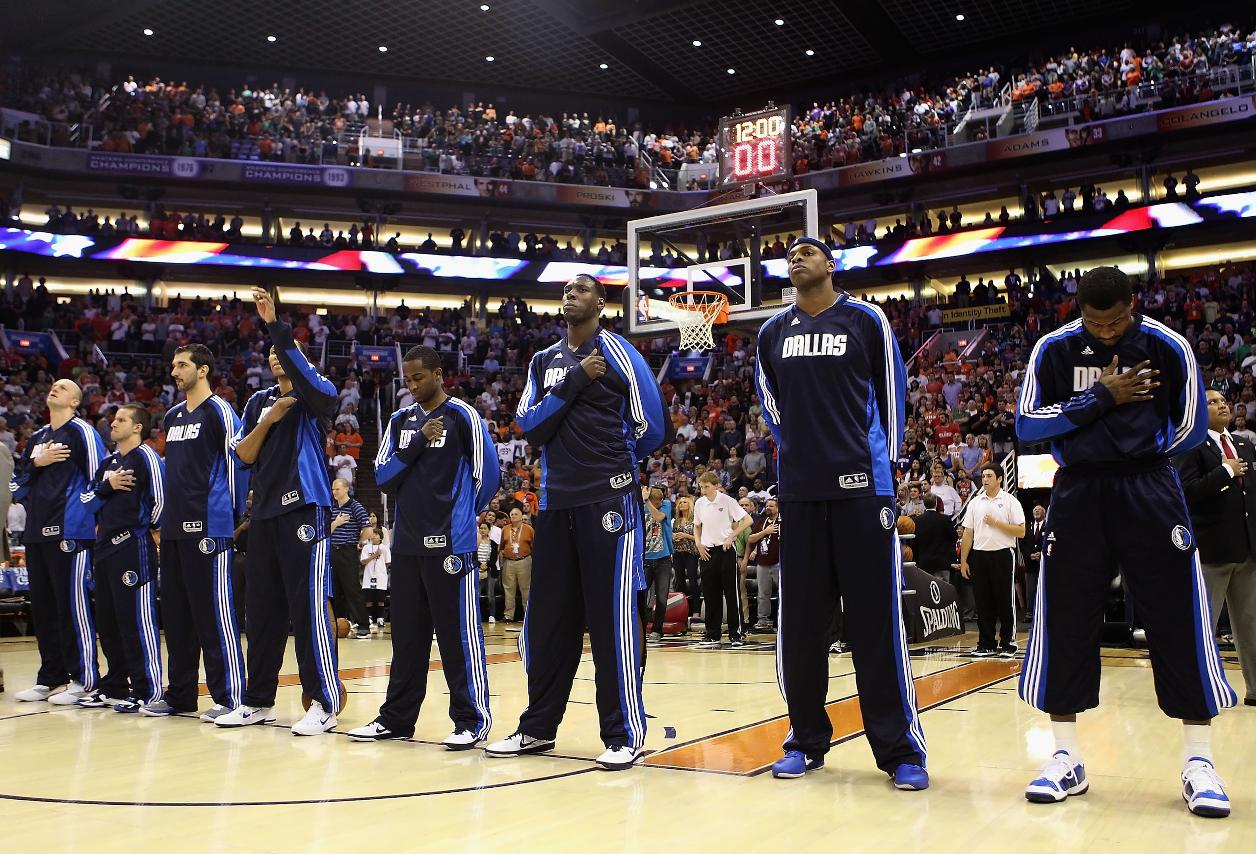 PHOENIX, AZ - MARCH 27:  The Dallas Mavericks before the NBA game against the Phoenix Suns at US Airways Center on March 27, 2011 in Phoenix, Arizona.  The Mavericks defeated the Suns 91-83. NOTE TO USER: User expressly acknowledges and agrees that, by do