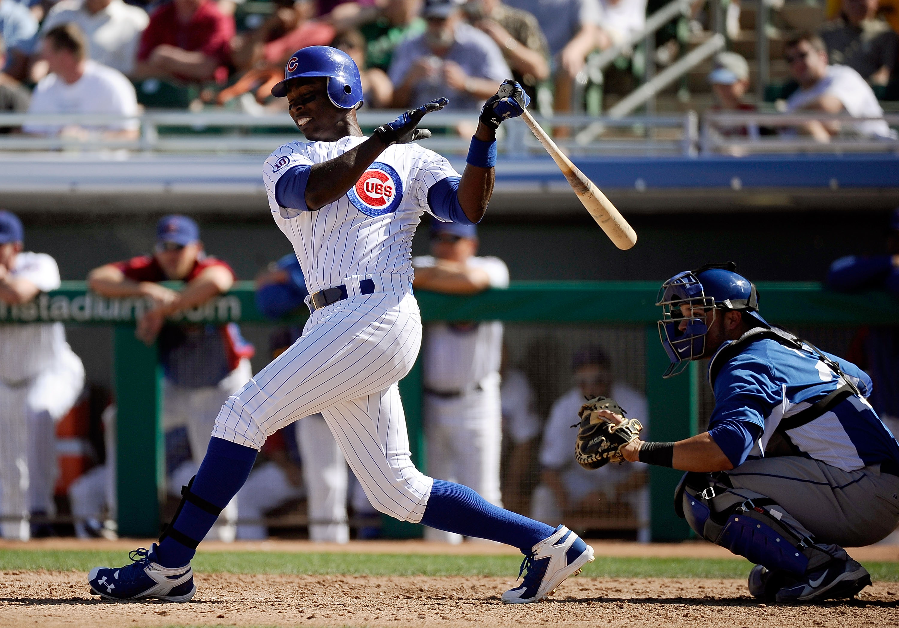 MESA, AZ - MARCH 09:  Alfonso Soriano #12 of the Chicago Cubs swings at a pitch against the Kansas City Royals during the spring training baseball game at HoHoKam Stadium on March 9, 2011 in Mesa, Arizona.  (Photo by Kevork Djansezian/Getty Images)