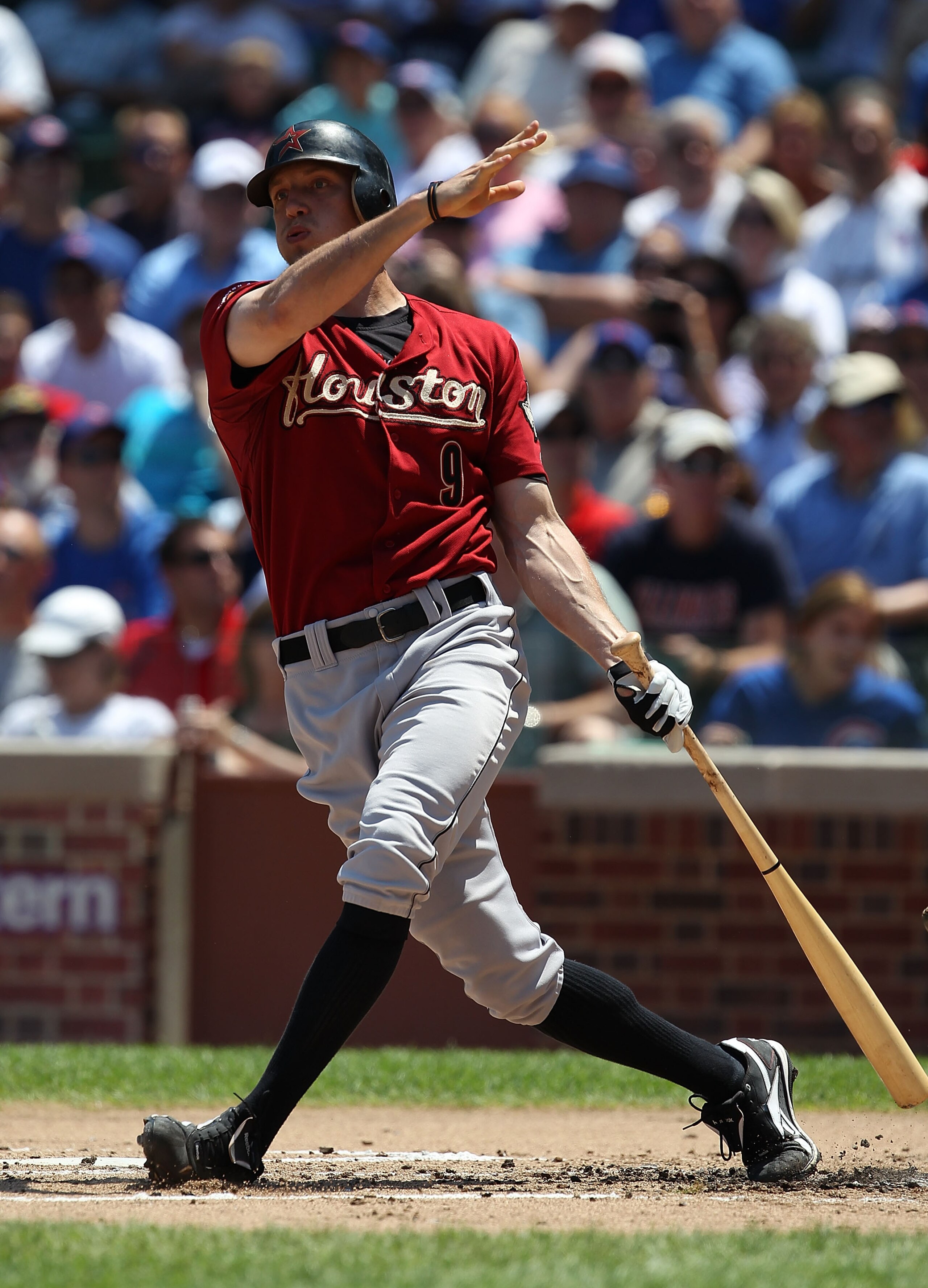 CHICAGO - JULY 21: Hunter Pence #9 of the Houston Astros takes a swing against the Chicago Cubs at Wrigley Field on July 21, 2010 in Chicago, Illinois. The Astros defeated the Cubs 4-3 in 12 innings. (Photo by Jonathan Daniel/Getty Images)