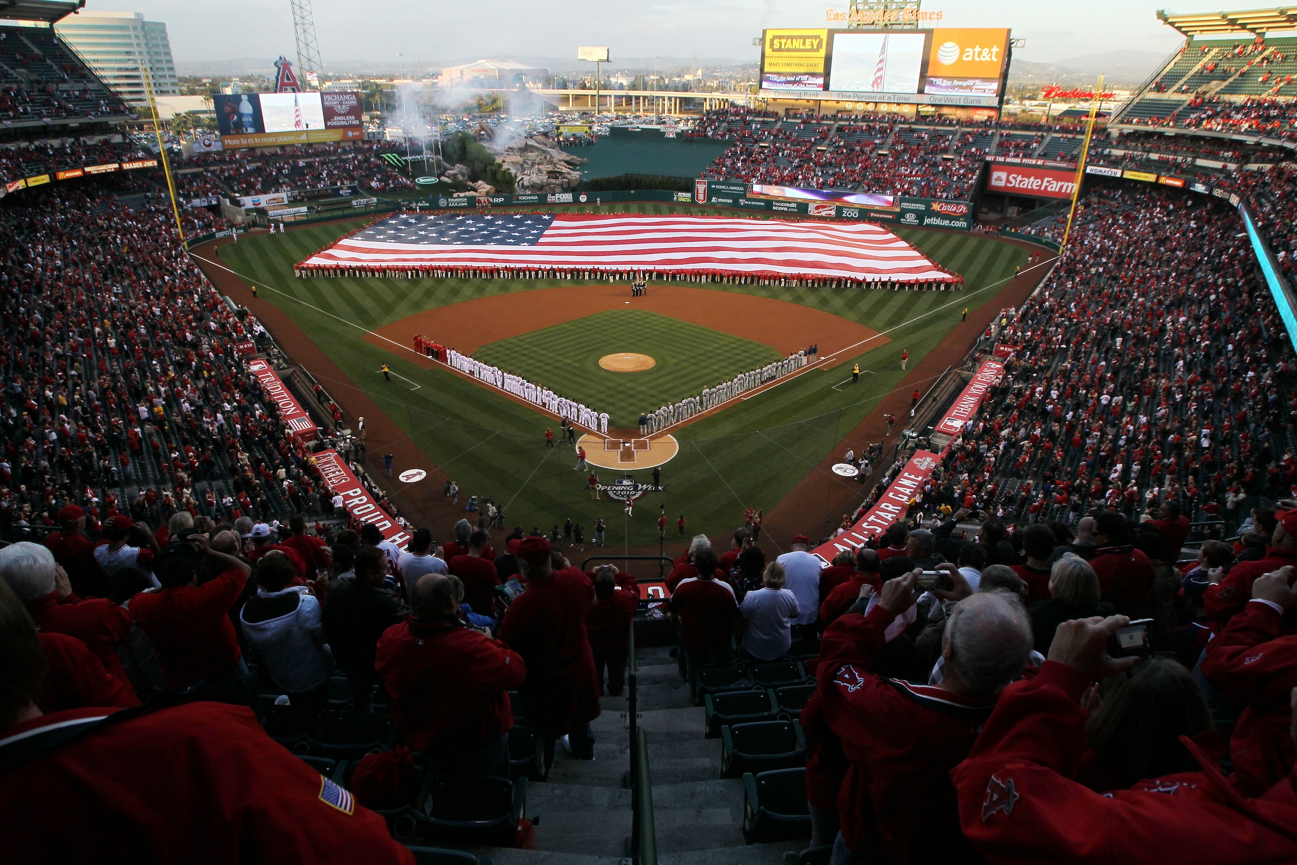 ANAHEIM, CA - APRIL 05:  A view of the field during pregame ceremonies prior to the Los Angeles Angels of Anaheim playing the Minnesota Twins on Opening Day at Angel Stadium on April 5, 2010 in Anaheim, California.  (Photo by Stephen Dunn/Getty Images)