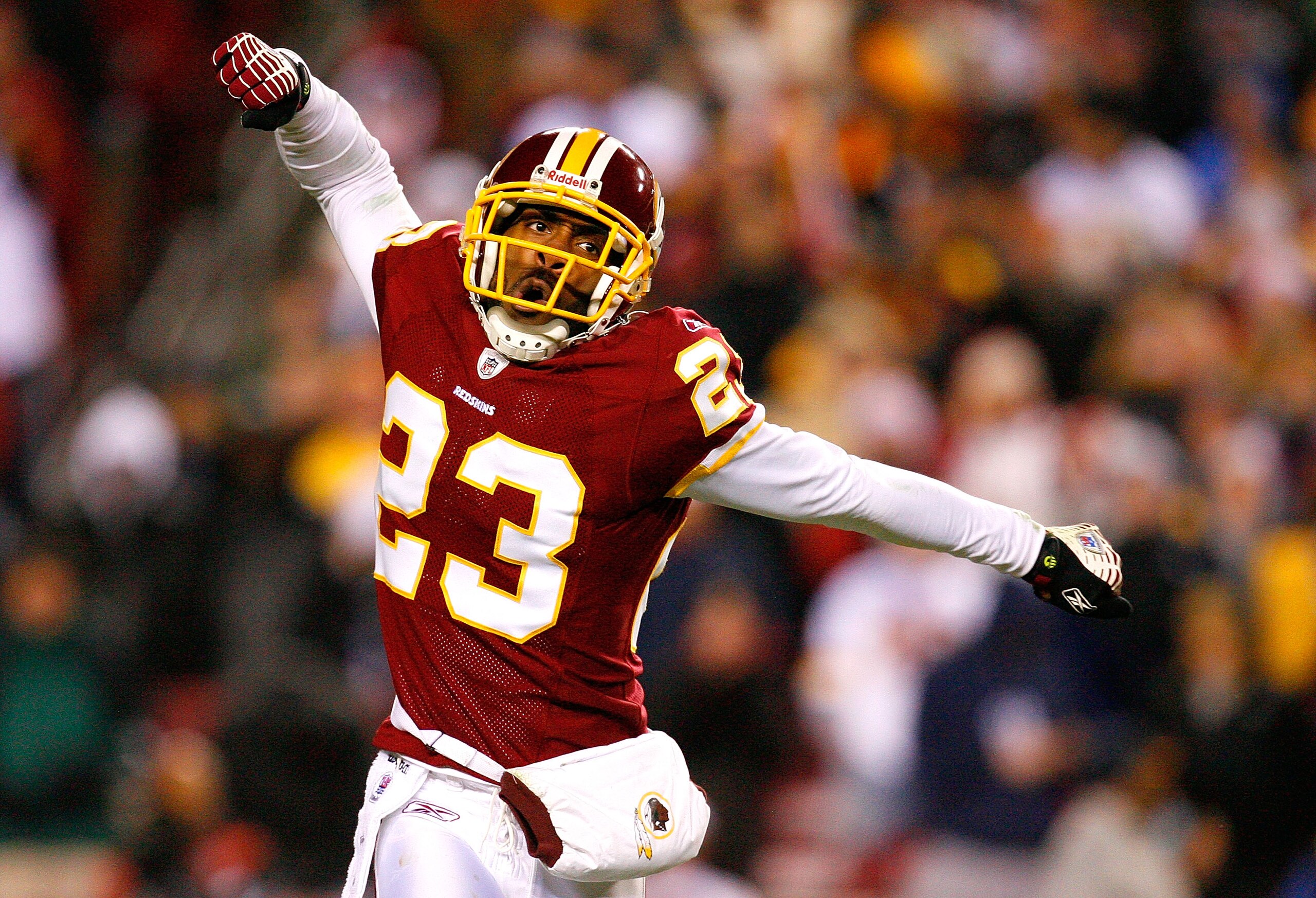 LANDOVER, MD - DECEMBER 21:  DeAngelo Hall #23 of the Washington Redskins reacts after a defensive stop against the Philadelphia Eagles during the game on December 21, 2008 at FedEx Field in Landover, Maryland.  (Photo by Kevin C. Cox/Getty Images)