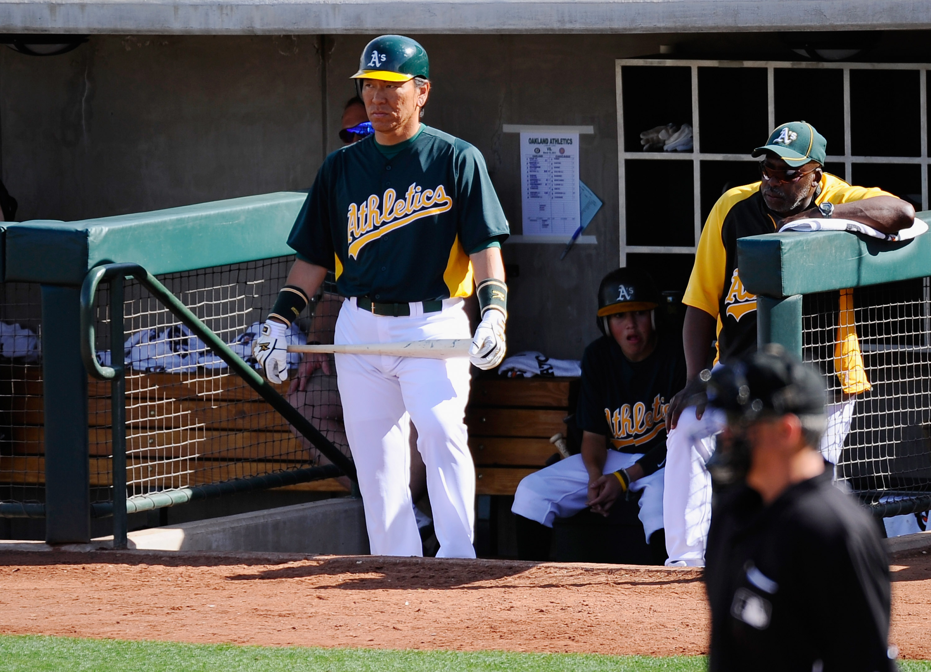 PHOENIX, AZ - MARCH 15:  Hideki Matsui #55 of the Oakland Athletics during the spring training baseball game against the Chicago Cubs at Phoenix Municipal Stadium on March 15, 2011 in Phoenix, Arizona.  (Photo by Kevork Djansezian/Getty Images)