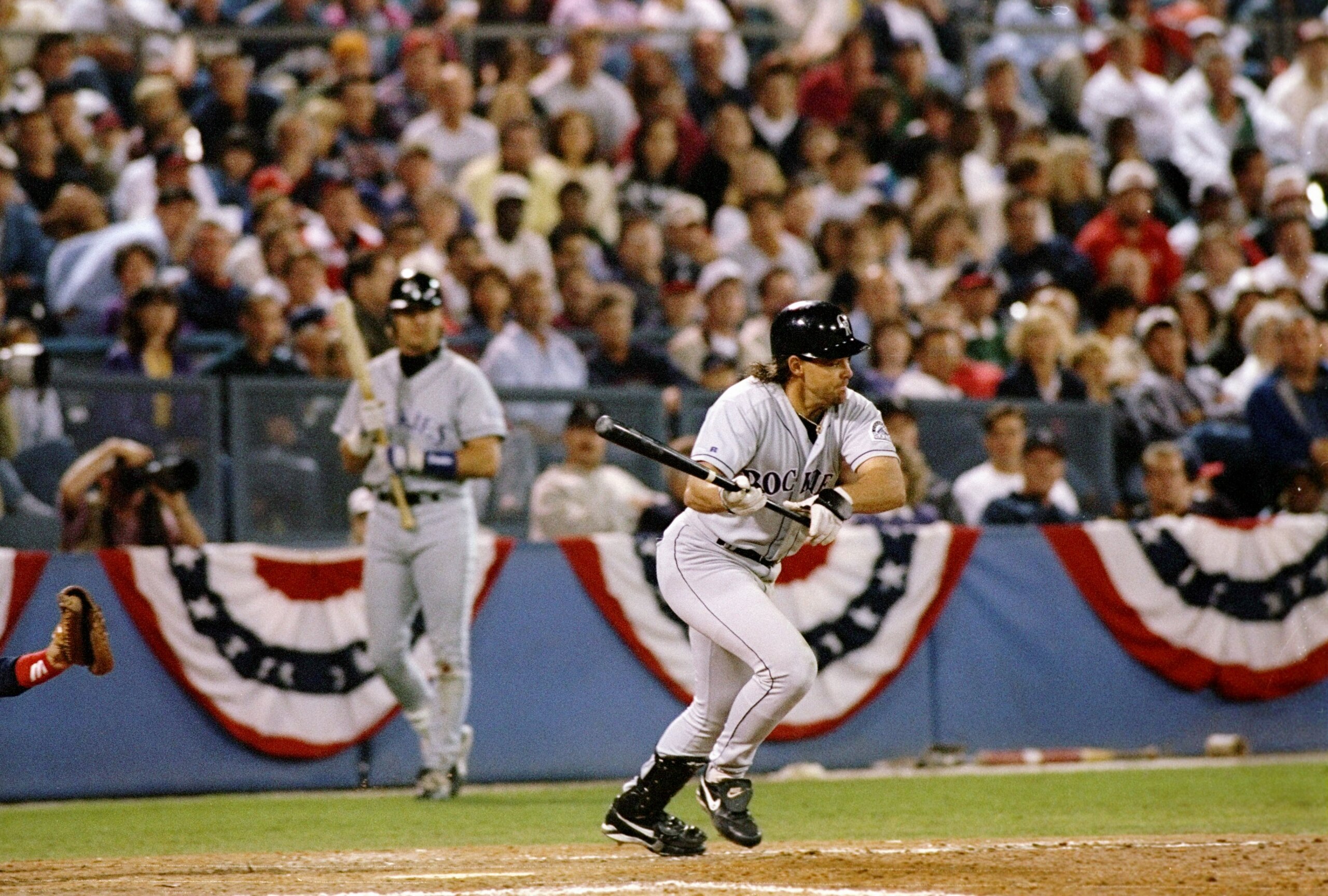 6 Oct 1995:  Center fielder Dante Bichette of the Colorado Rockies swings at the ball during a playoff game against the Atlanta Braves at Fulton County Stadium in Atlanta, Georgia.  The Rockies won the game 7-5. Mandatory Credit: Matthew Stockman  /Allspo