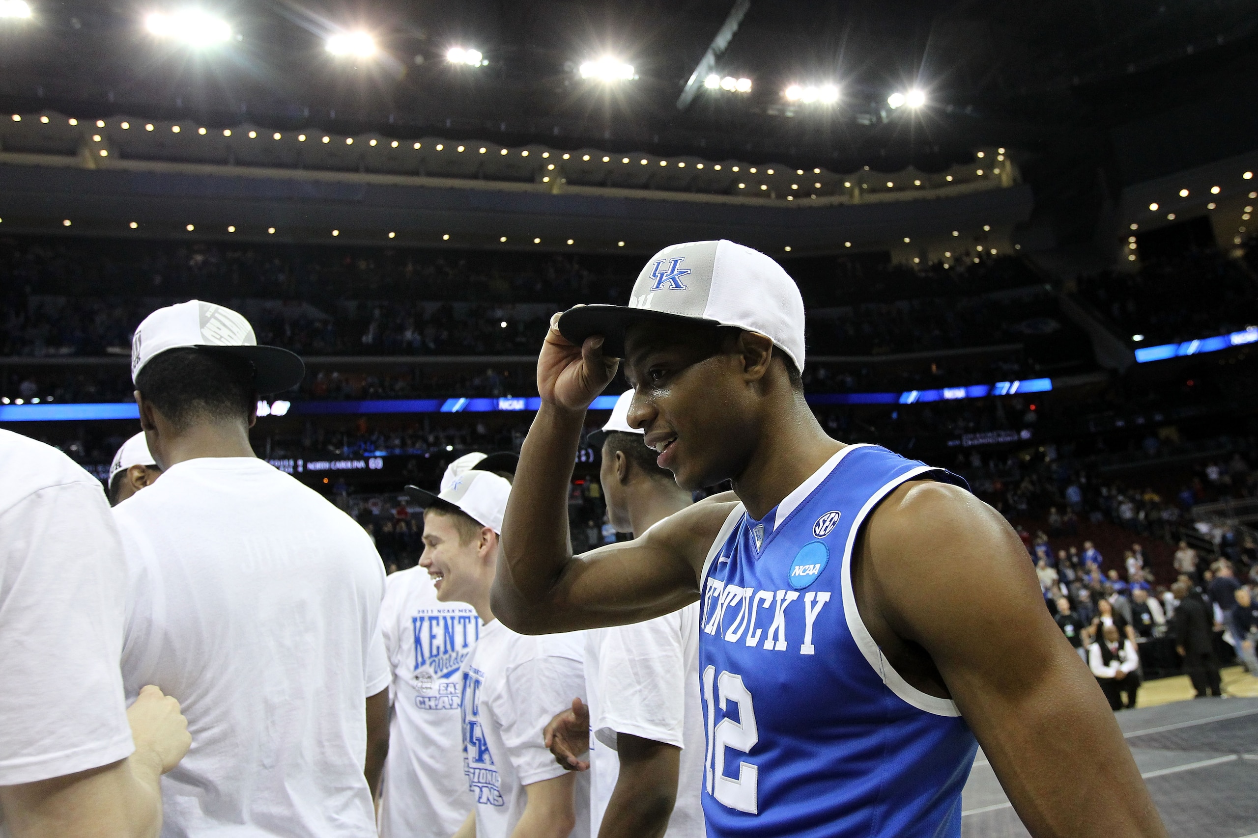 NEWARK, NJ - MARCH 27:  Brandon Knight #12 of the Kentucky Wildcats puts on a hat after defeating the North Carolina Tar Heels in the east regional final of the 2011 NCAA men's basketball tournament at Prudential Center on March 27, 2011 in Newark, New Je