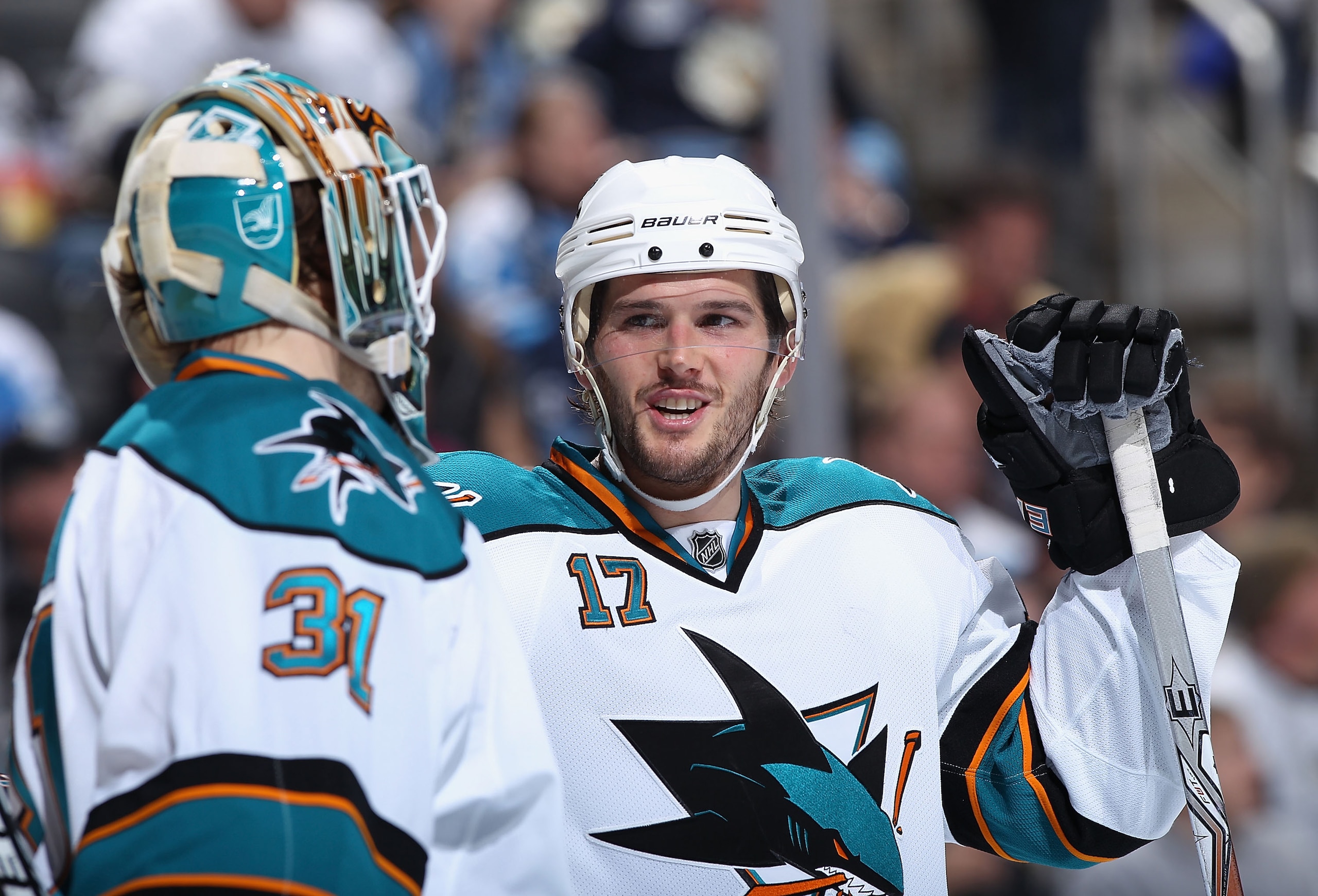 PITTSBURGH, PA - FEBRUARY 23:  Torrey Mitchell #17 and goaltender Antti Niemi #31 of the San Jose Sharks talk during the NHL game against the Pittsburgh Penguins at Consol Energy Center on February 23, 2011 in Pittsburgh, Pennsylvania. The Sharks defeated