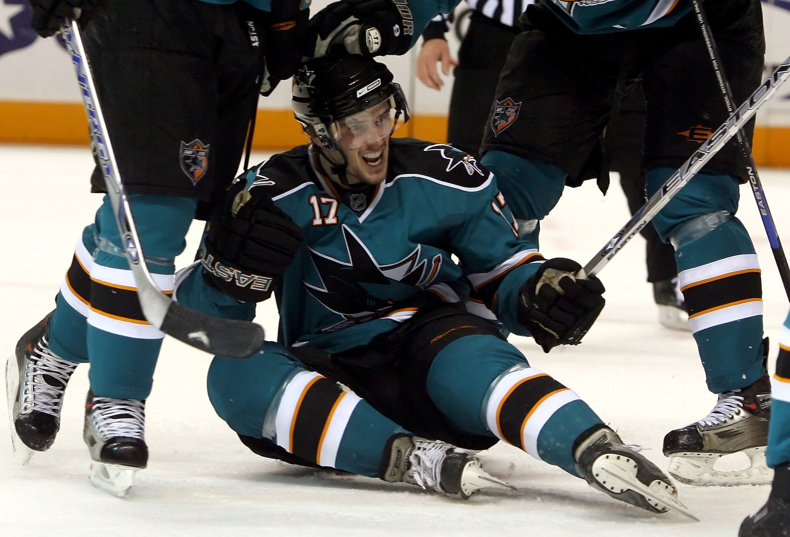 SAN JOSE, CA - APRIL 10:  Torrey Mitchell #17 of the San Jose Sharks celebrates on the ice after scoring a second-period power-play goal against the Calgary Flames during game Two of the 2008 NHL conference quarter-final series at HP Pavilion on April 10,