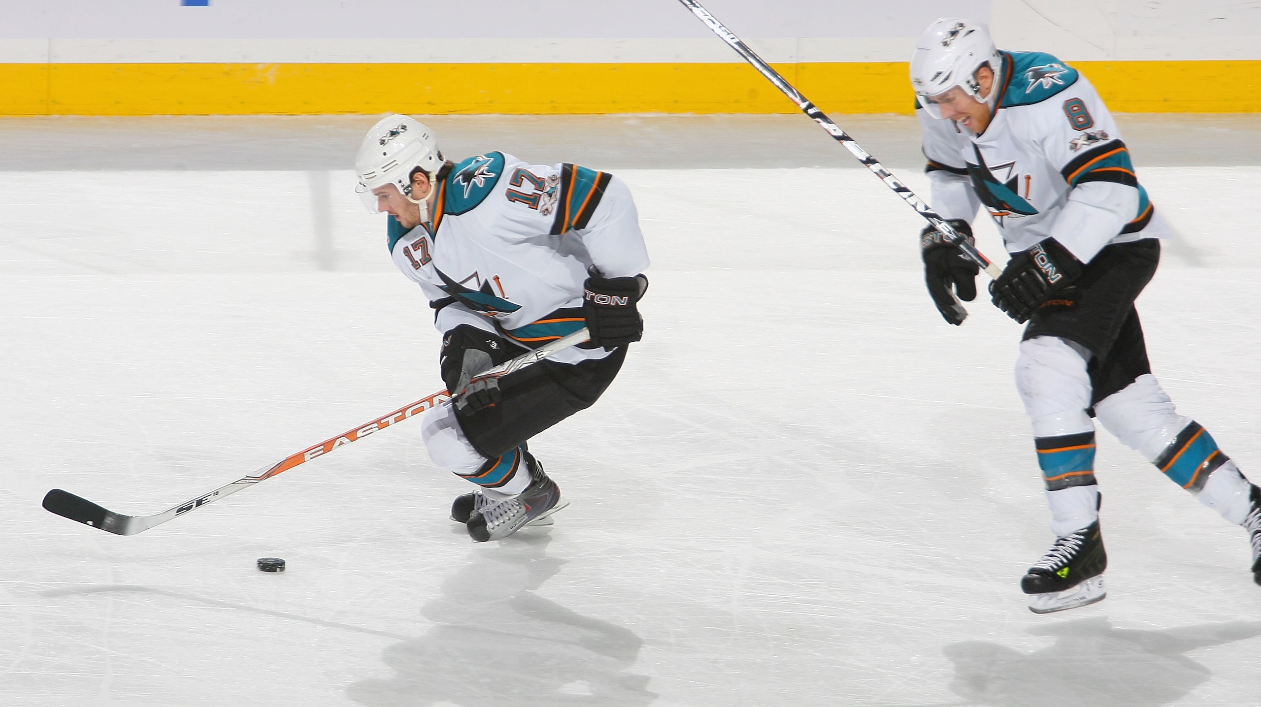 BUFFALO, NY - DECEMBER 09: Torrey Mitchell #17 and Joe Pavelski #8 of the San Jose Sharks skate against the Buffalo Sabres at HSBC Arena on December 9, 2010 in Buffalo, New York.  (Photo by Rick Stewart/Getty Images)