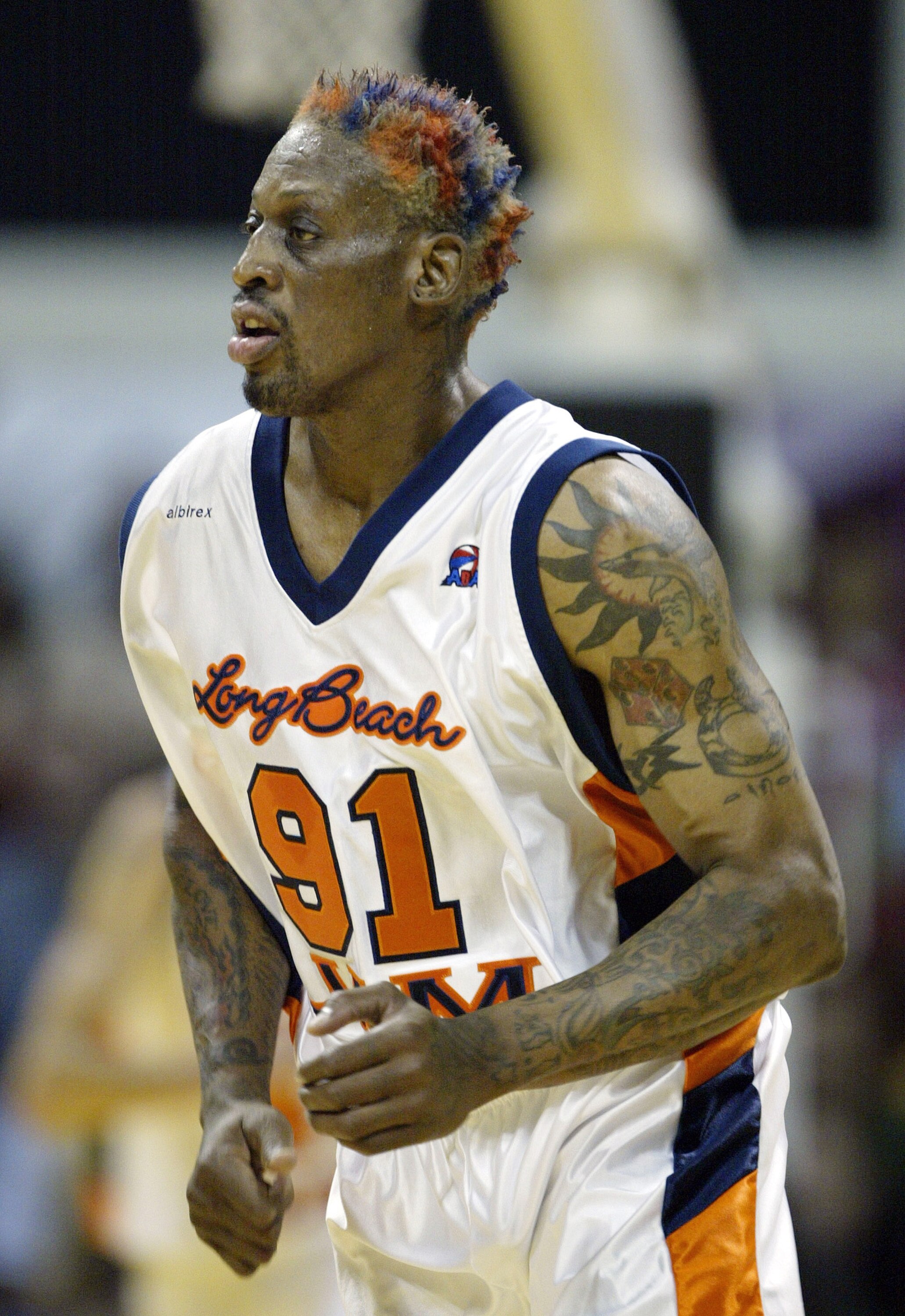 LONG BEACH - JANUARY 16: Dennis Rodman of the Long Beach Jam during the game against the Fresno Heatwave on January 16, 2004 at the Pyramid in Long Beach, California.(Photo by Robert Laberge/Getty Images)