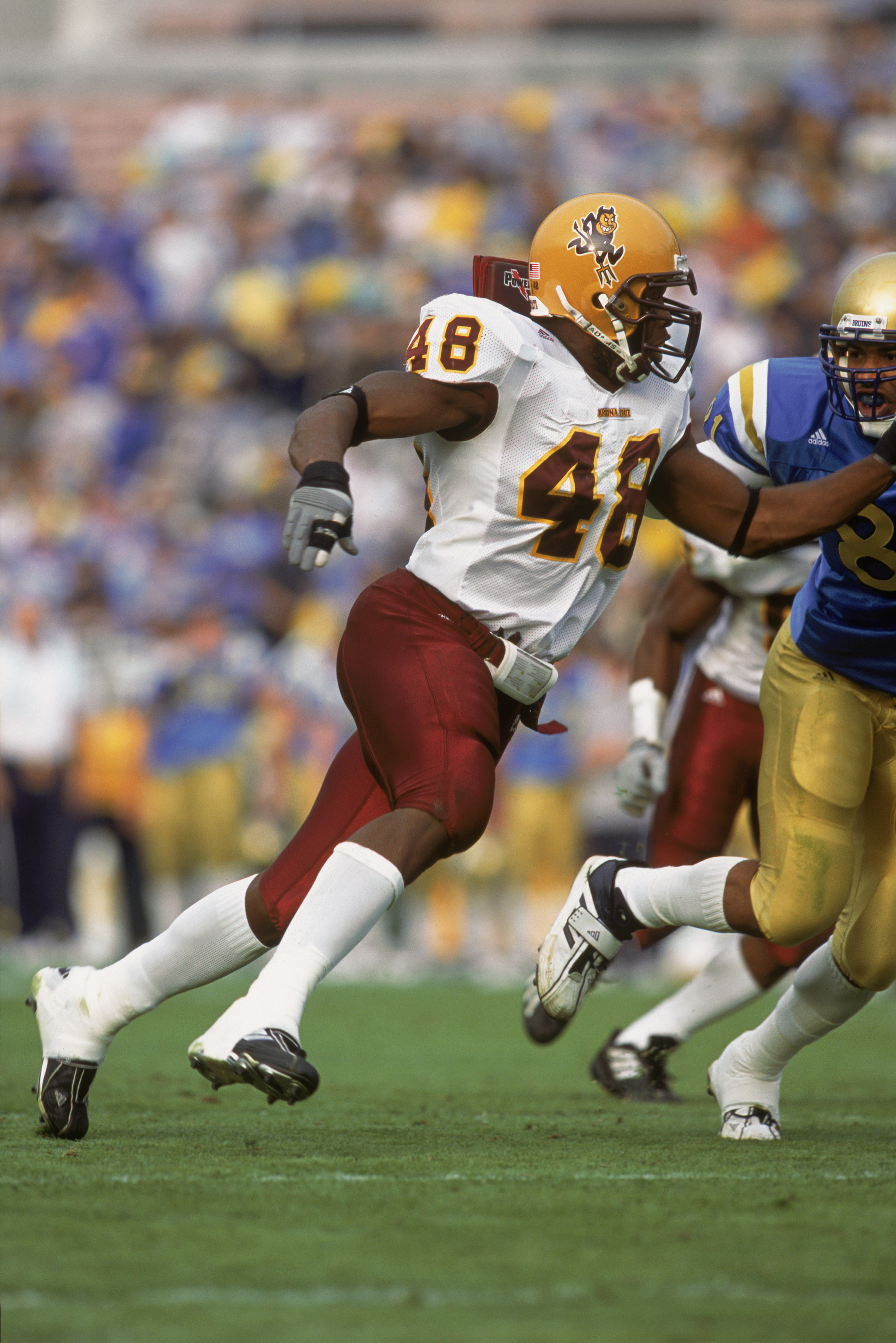 1 Dec 2001:  Terrell Suggs #48 of the Arizona State Sun Devils rumbles around the line during the Pac-10 Conference football game against the UCLA Bruins at the Rose Bowl in Pasadena, California.  The Bruins defeated the Sun Devils 52-42.Mandatory Credit: