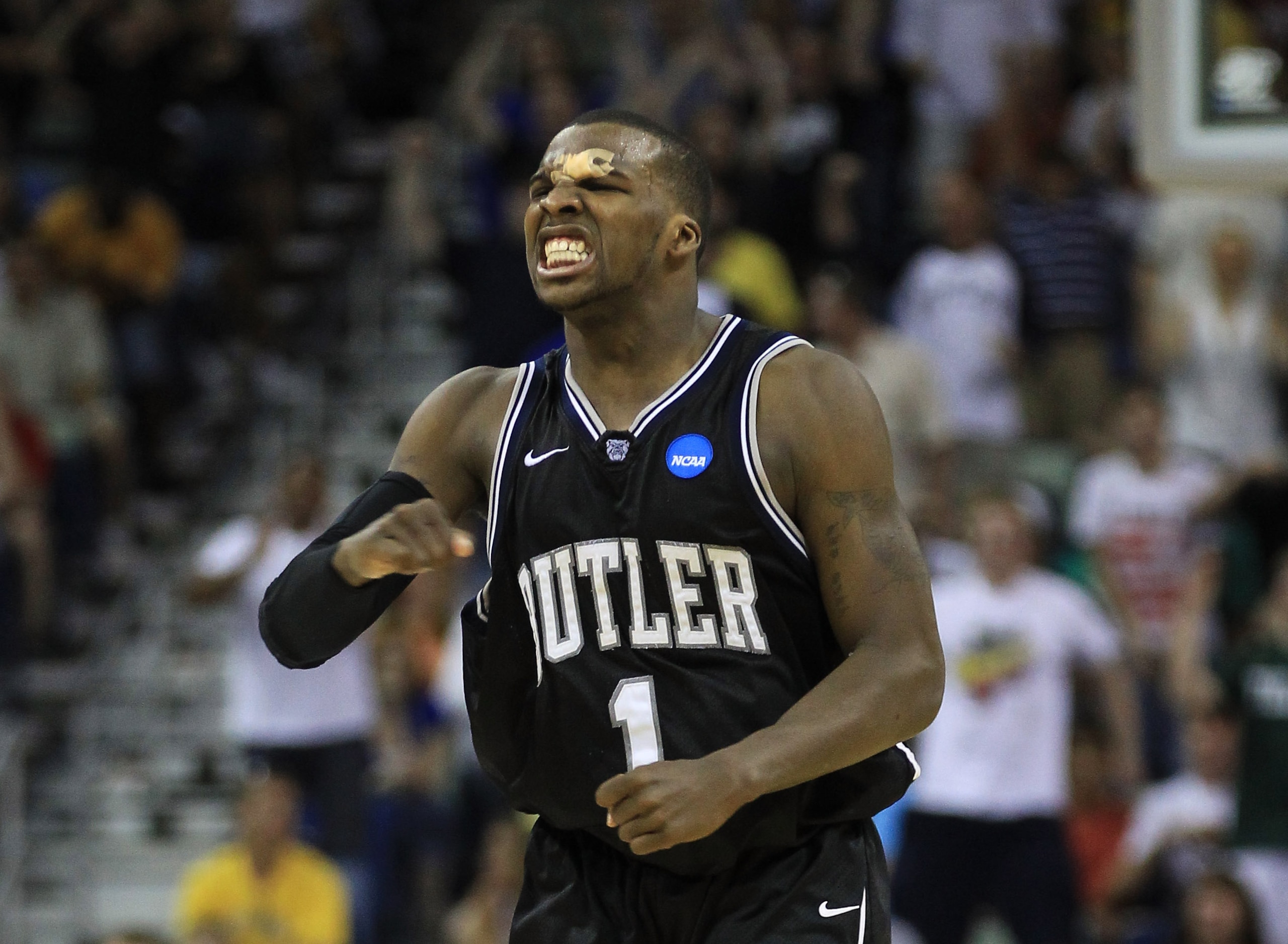 NEW ORLEANS, LA - MARCH 26:  Shelvin Mack #1 of the Butler Bulldogs reacts during their game against the Florida Gators in overtime of the Southeast regional final of the 2011 NCAA men's basketball tournament at New Orleans Arena on March 26, 2011 in New
