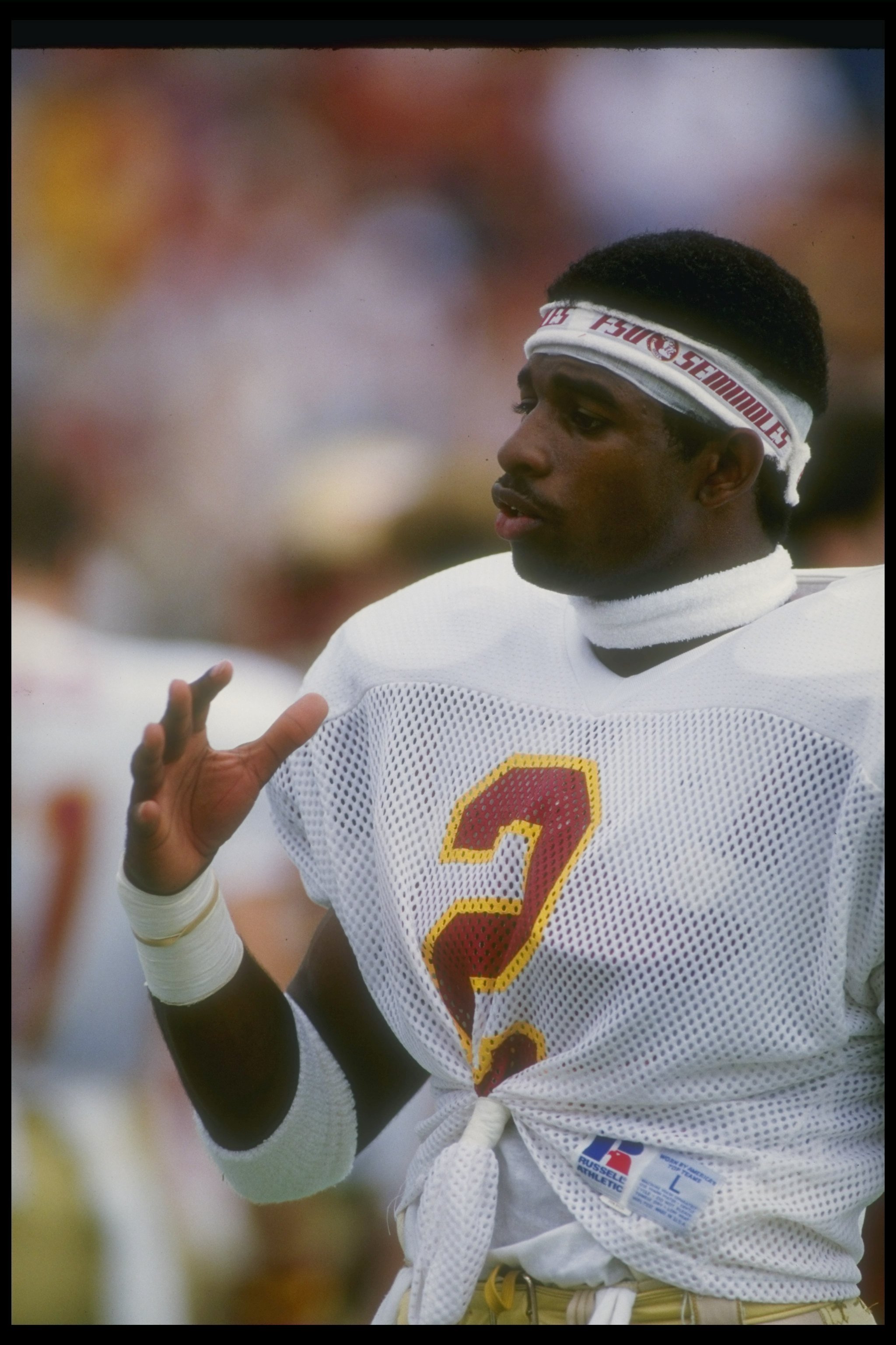 1987: Defensive back Deion Sanders of the Florida State Seminoles looks on during a game. Mandatory Credit: Allen Dean Steele /Allsport