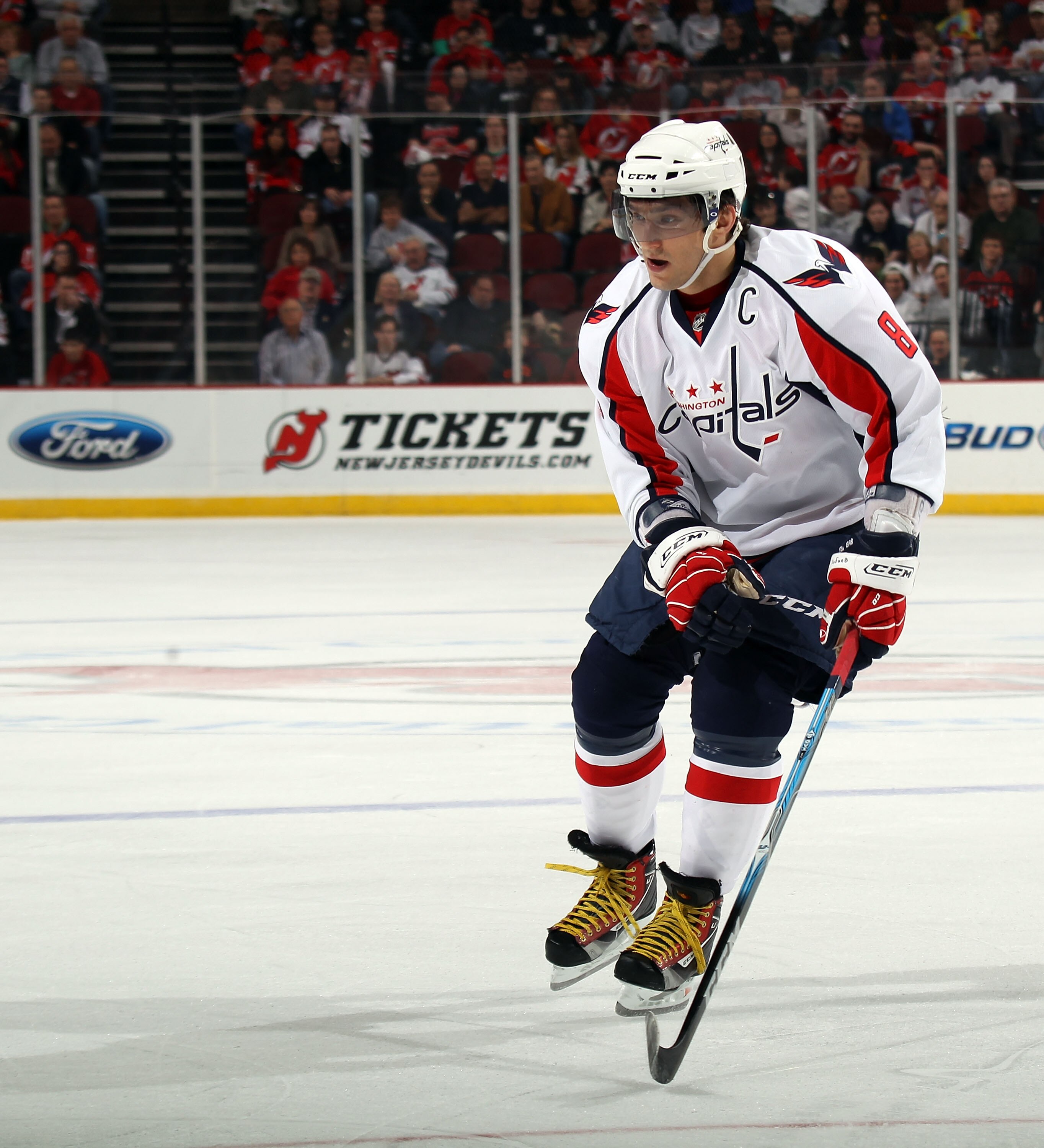 NEWARK, NJ - MARCH 18:  Alex Ovechkin #8 of the Washington Capitals skates against the New Jersey Devils at the Prudential Center on March 18, 2011 in Newark, New Jersey. The Capitals shut out the Devils 3-0.  (Photo by Bruce Bennett/Getty Images)