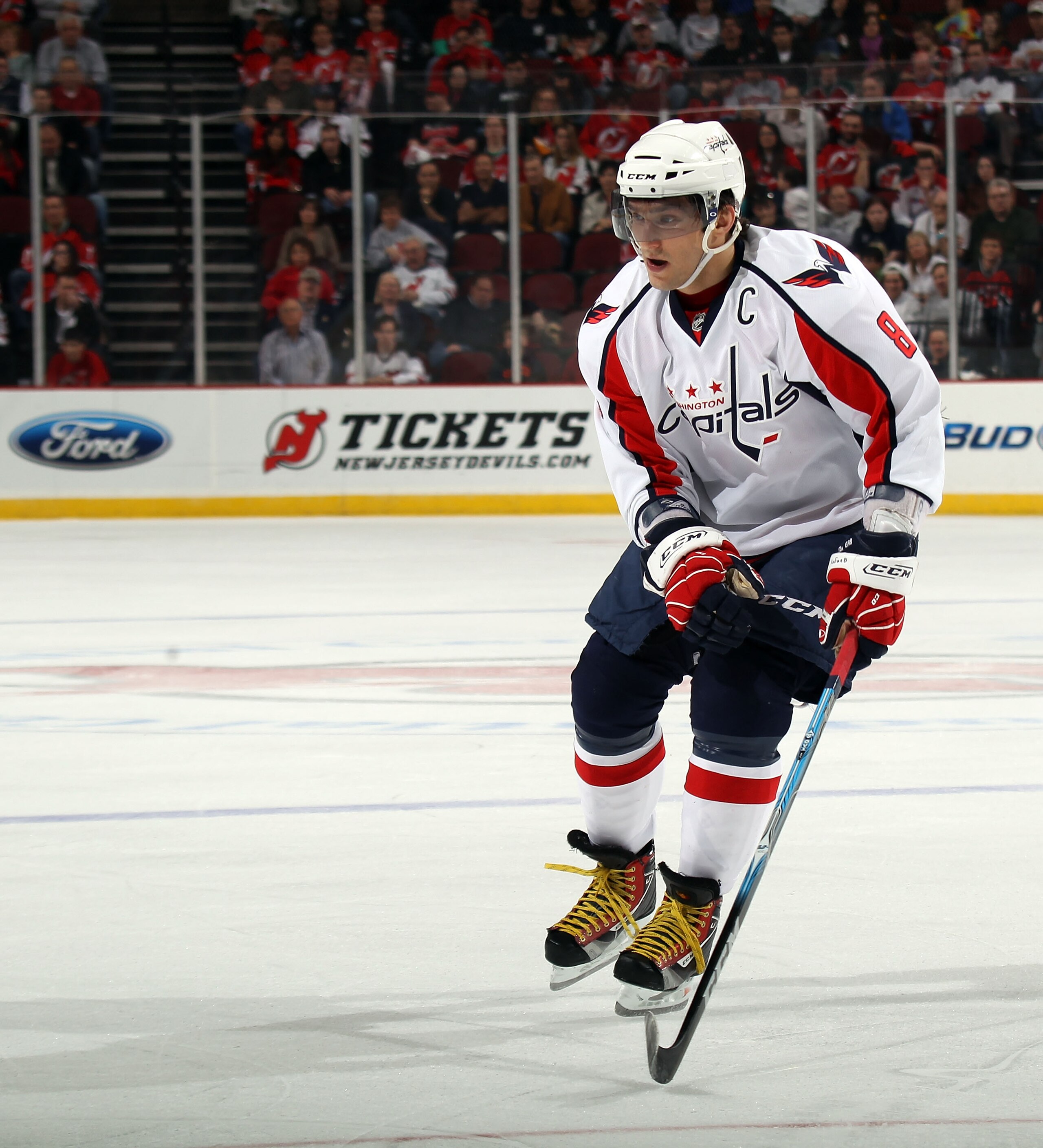 NEWARK, NJ - MARCH 18:  Alex Ovechkin #8 of the Washington Capitals skates against the New Jersey Devils at the Prudential Center on March 18, 2011 in Newark, New Jersey. The Capitals shut out the Devils 3-0.  (Photo by Bruce Bennett/Getty Images)