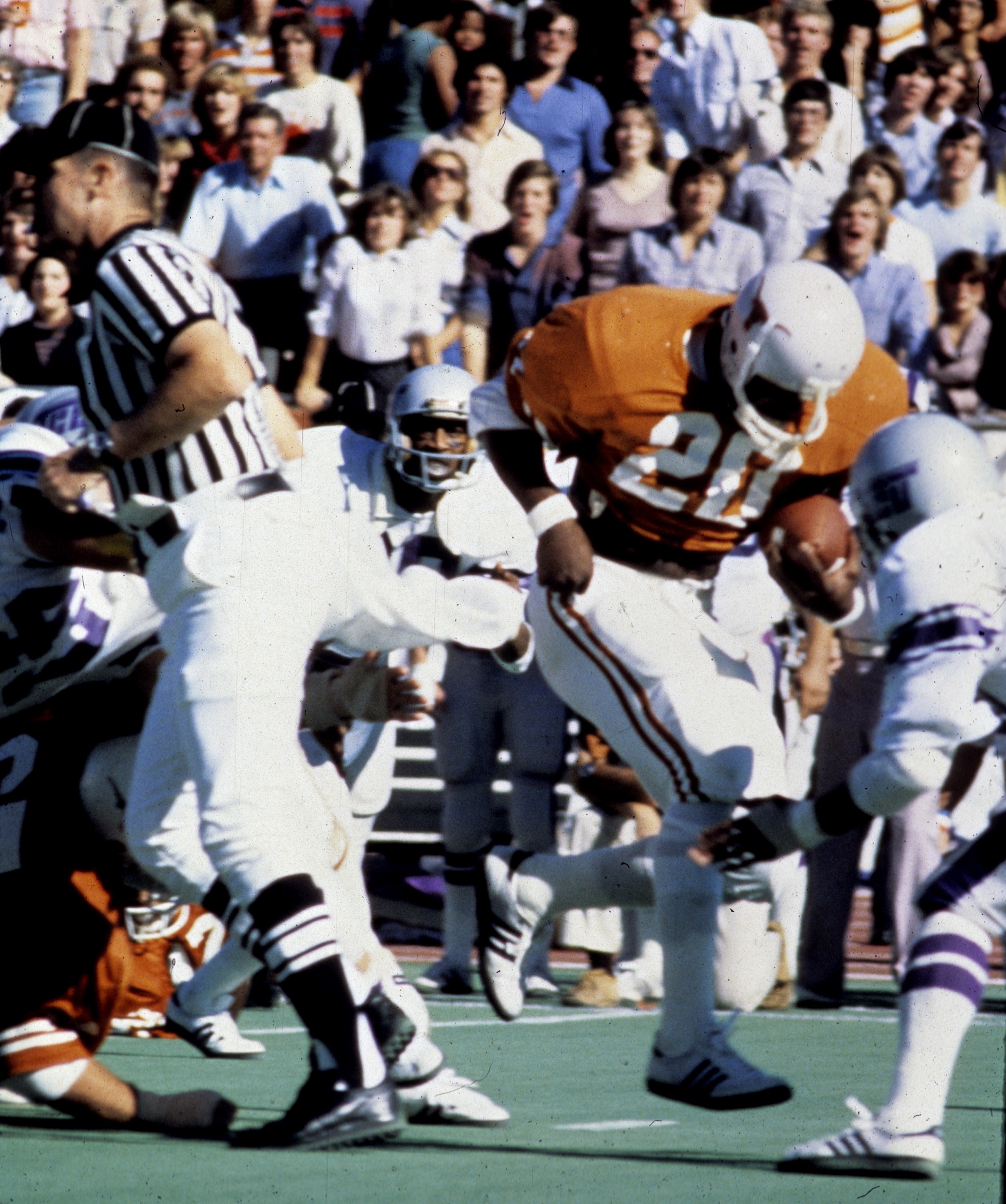 Running back Earl Campbell of the University of Texas Longhorns. Campbell was the 1977 Heisman trophy winner and was inducted into the Pro Football Hall of Fame in 1991. (Photo by University of Texas/Getty Images)