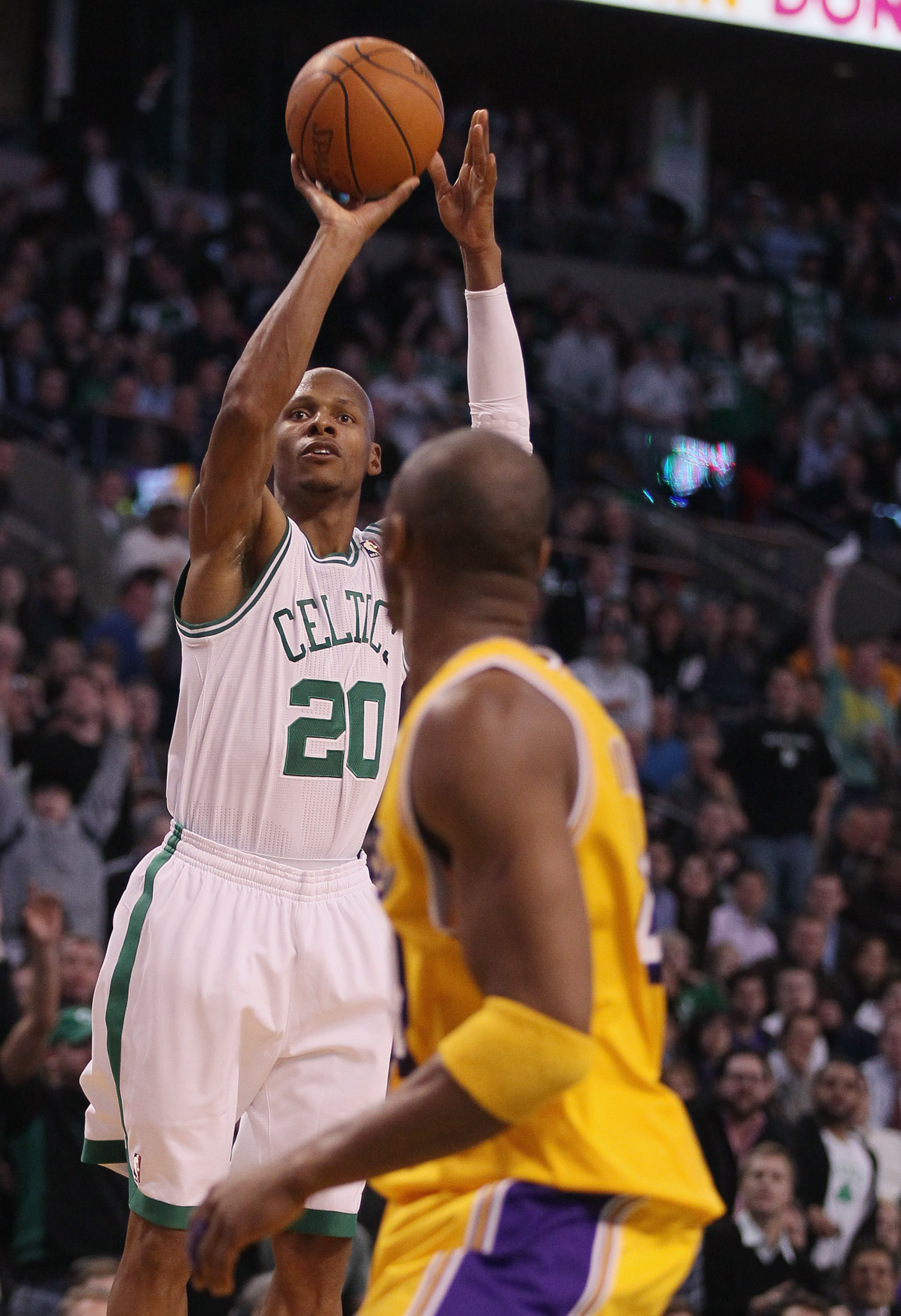 BOSTON, MA - FEBRUARY 10:  Ray Allen #20 of the Boston Celtics breaks the all time 3-point shot record with this three pointer as Kobe Bryant #24 of the Los Angeles Lakers defends on February 10, 2011 at the TD Garden in Boston, Massachusetts.  NOTE TO US