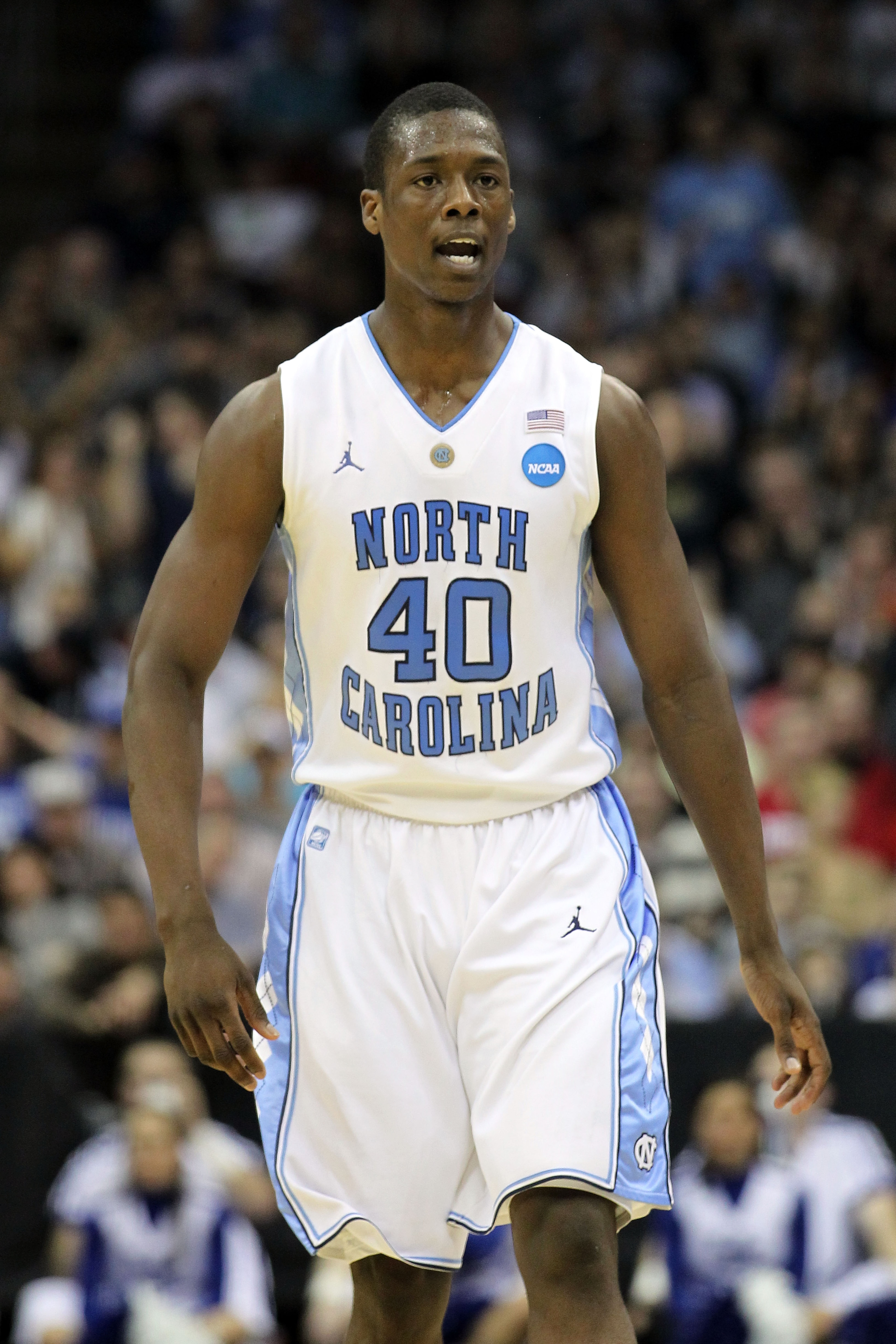 NEWARK, NJ - MARCH 27: Harrison Barnes #40 of the North Carolina Tar Heels reacts after a play during the second half of the game against the Kentucky Wildcats in the east regional final of the 2011 NCAA men's basketball tournament at Prudential Center o NEWARK, NJ - MARCH 27: Harrison Barnes #40 of the North Carolina Tar Heels reacts after a play during the second half of the game against the Kentucky Wildcats in the east regional final of the 2011 NCAA men's basketball tournament at Prudential Center o
