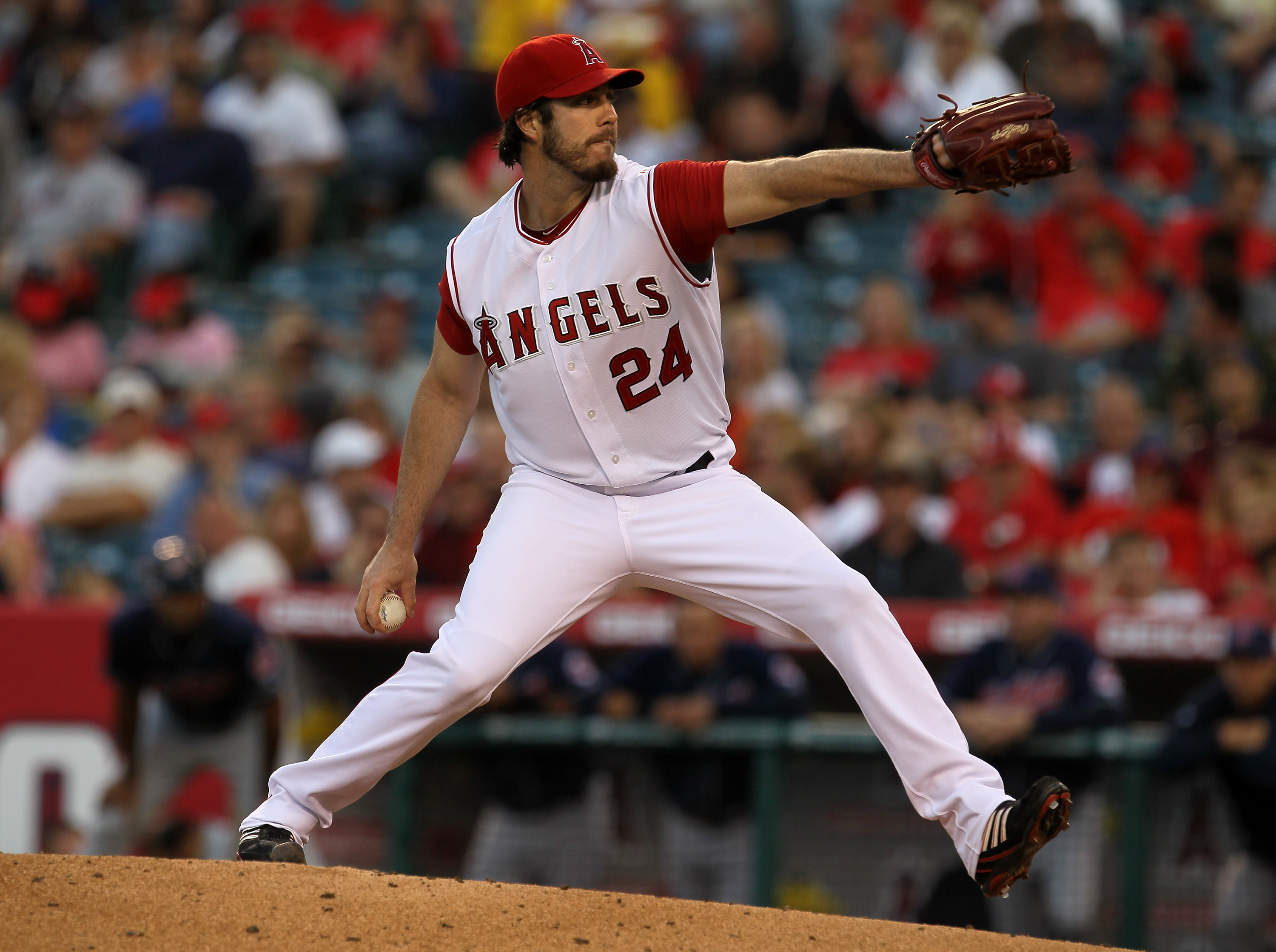 ANAHEIM, CA - SEPTEMBER 06:  Dan Haren #24 of the Los Angeles Angels of Anaheim pitches against the Cleveland Indians on September 6, 2010 at Angel Stadium in Anaheim, California.  (Photo by Stephen Dunn/Getty Images)