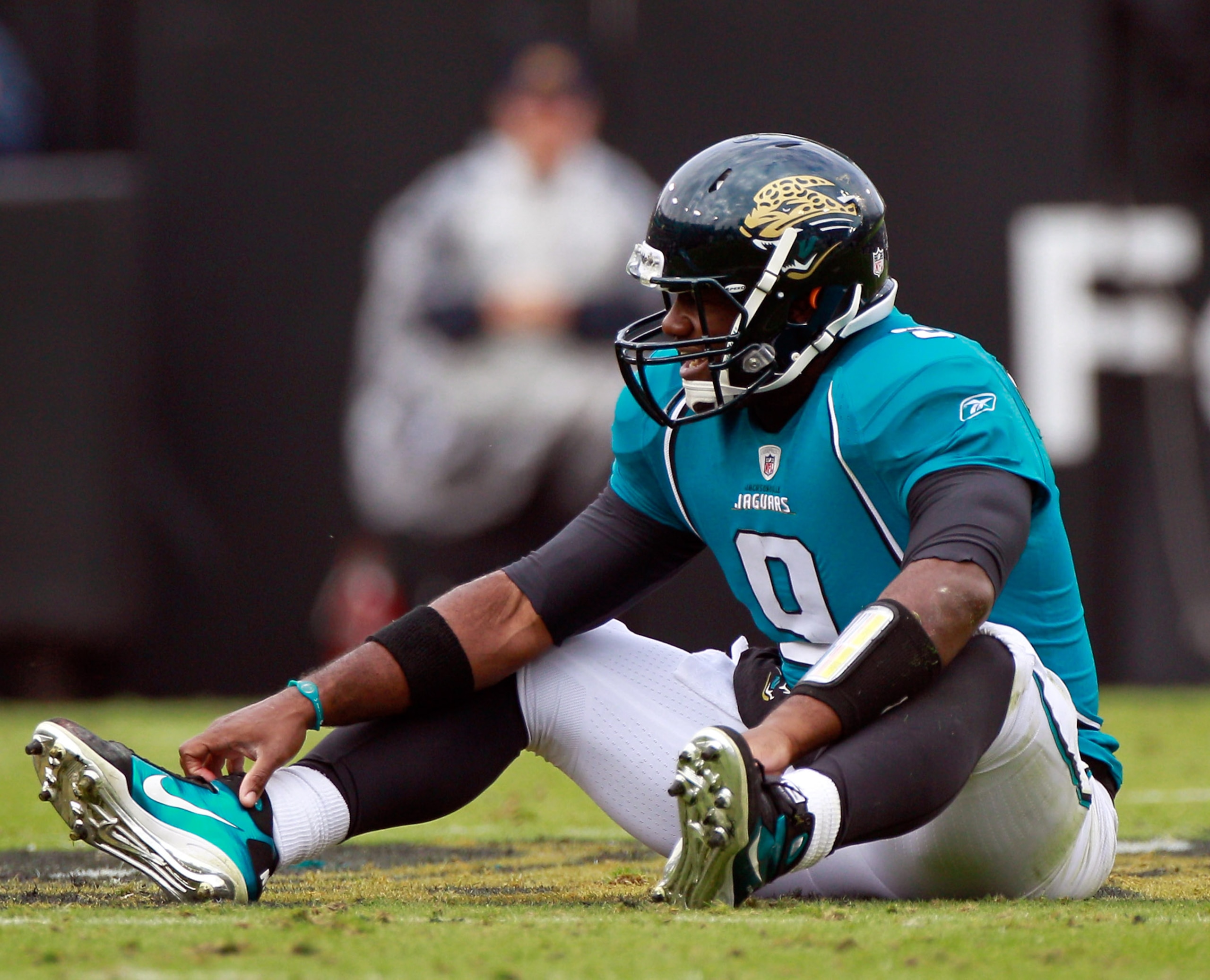 JACKSONVILLE, FL - DECEMBER 12: Quarterback David Garrard #9 of the Jacksonville Jaguars sits on the ground after a sack during the game against the Oakland Raiders at EverBank Field on December 12, 2010 in Jacksonville, Florida. (Photo by Sam Greenwood JACKSONVILLE, FL - DECEMBER 12: Quarterback David Garrard #9 of the Jacksonville Jaguars sits on the ground after a sack during the game against the Oakland Raiders at EverBank Field on December 12, 2010 in Jacksonville, Florida. (Photo by Sam Greenwood