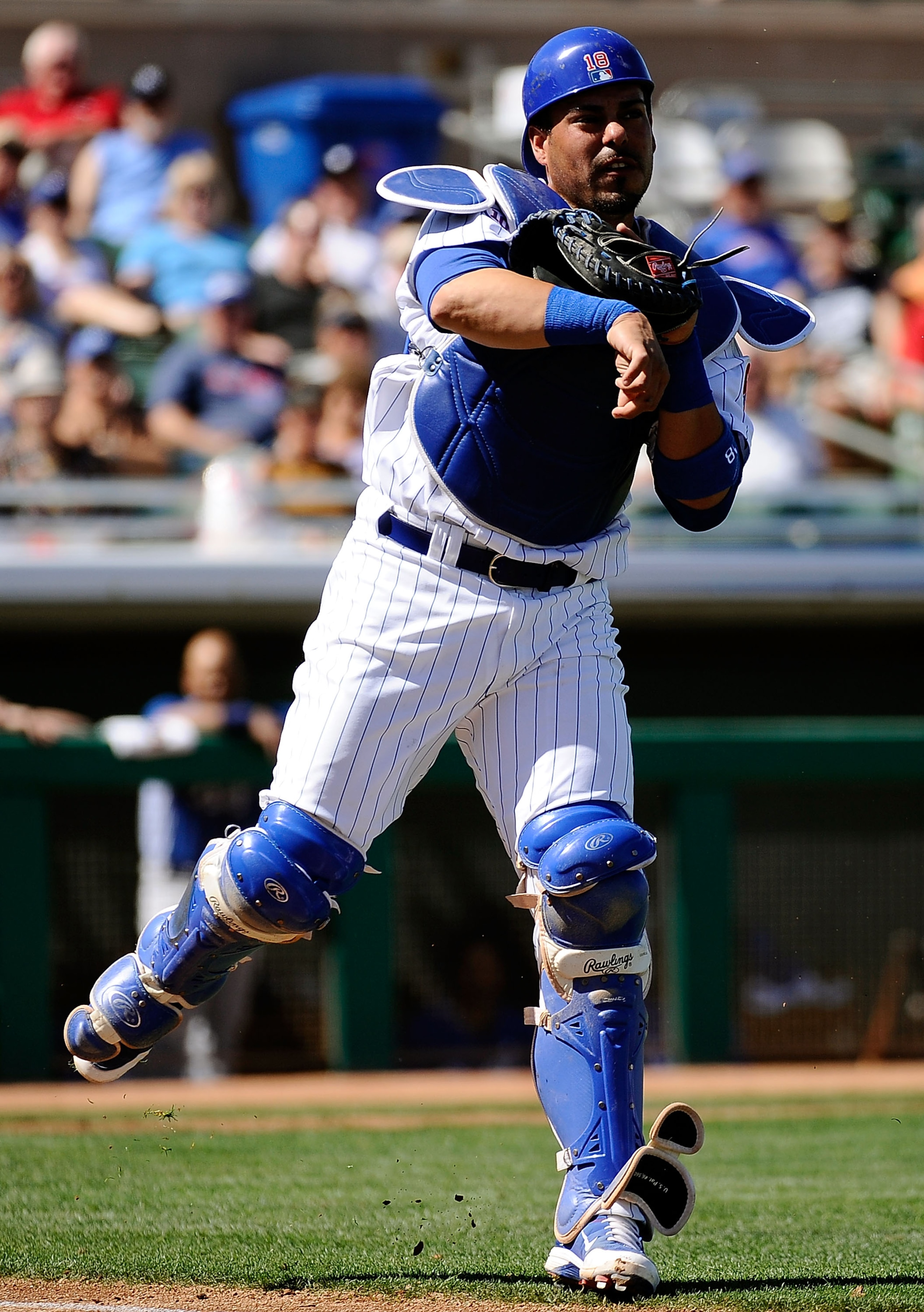 MESA, AZ - MARCH 09:  Geovany Soto #18 of the Chicago Cubs plays during the game against the Kansas City Royals at HoHoKam Stadium on March 9, 2011 in Mesa, Arizona.  (Photo by Kevork Djansezian/Getty Images)