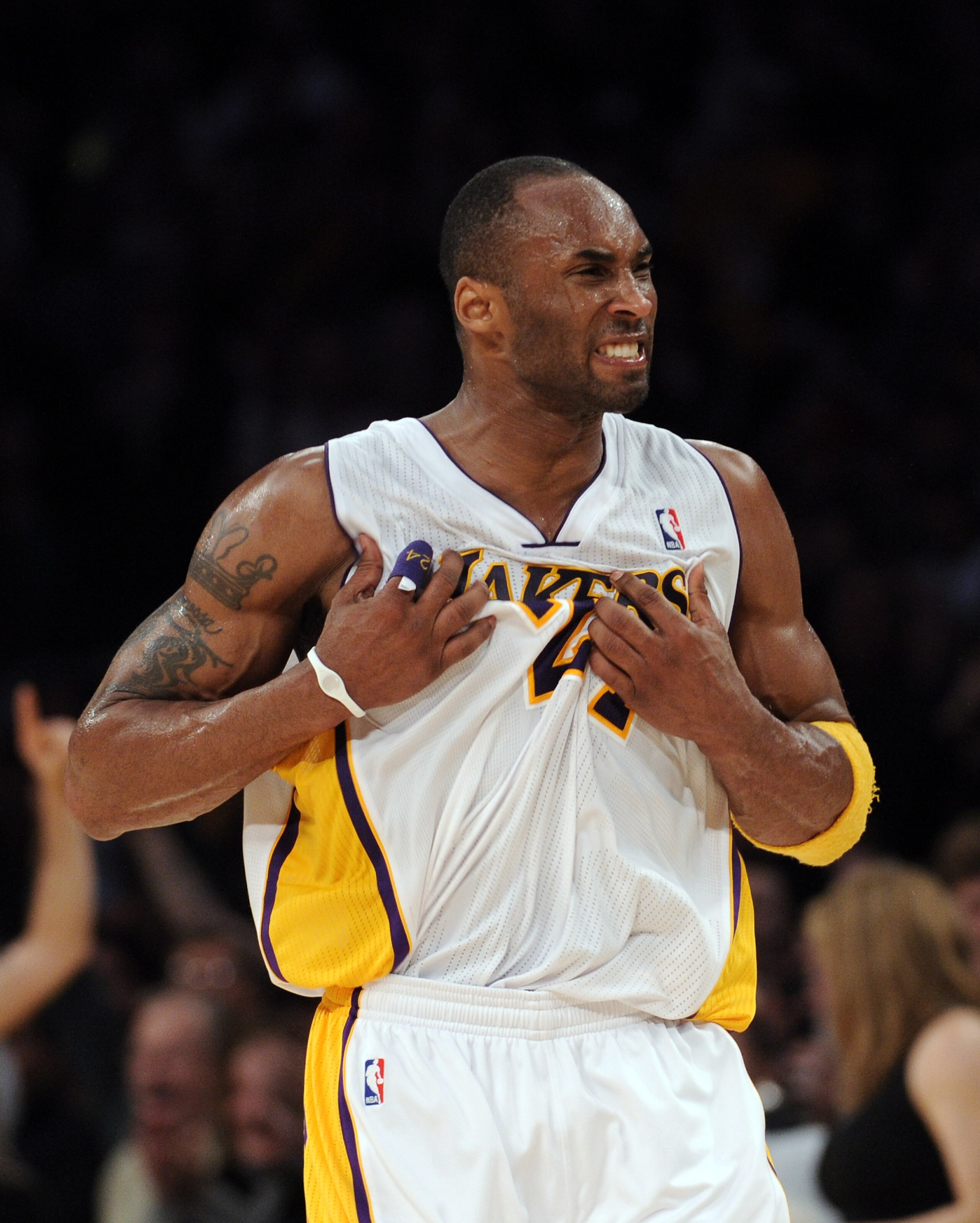 LOS ANGELES, CA - MARCH 20:  Kobe Bryant #24 of the Los Angeles Lakers celebrates his basket in the last minute on way to an 84-80 win over the  Portland Trail Blazers at the Staples Center on March 20, 2011 in Los Angeles, California.  NOTE TO USER: User