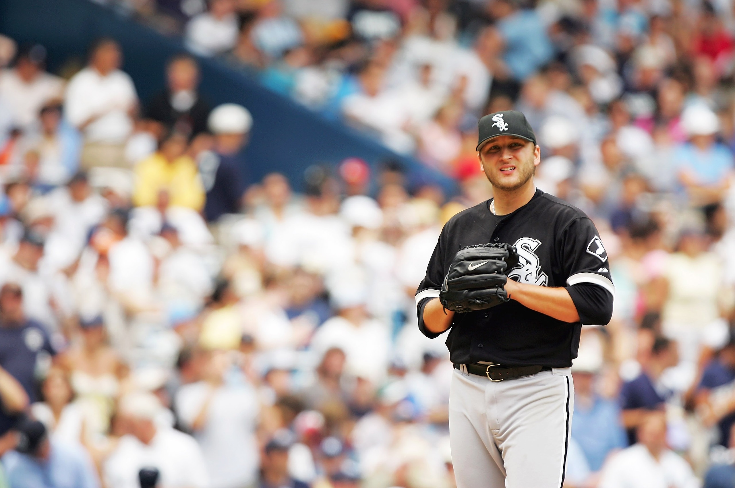 NEW YORK - JULY 15:  Starting pitcher Mark Buehrle #56 of the Chicago White Sox stands on the pitchers mound after the New York Yankees went up 8-0 in the fourth inning on July 15, 2006 at Yankee Stadium in the Bronx borough of New York City.  (Photo by E