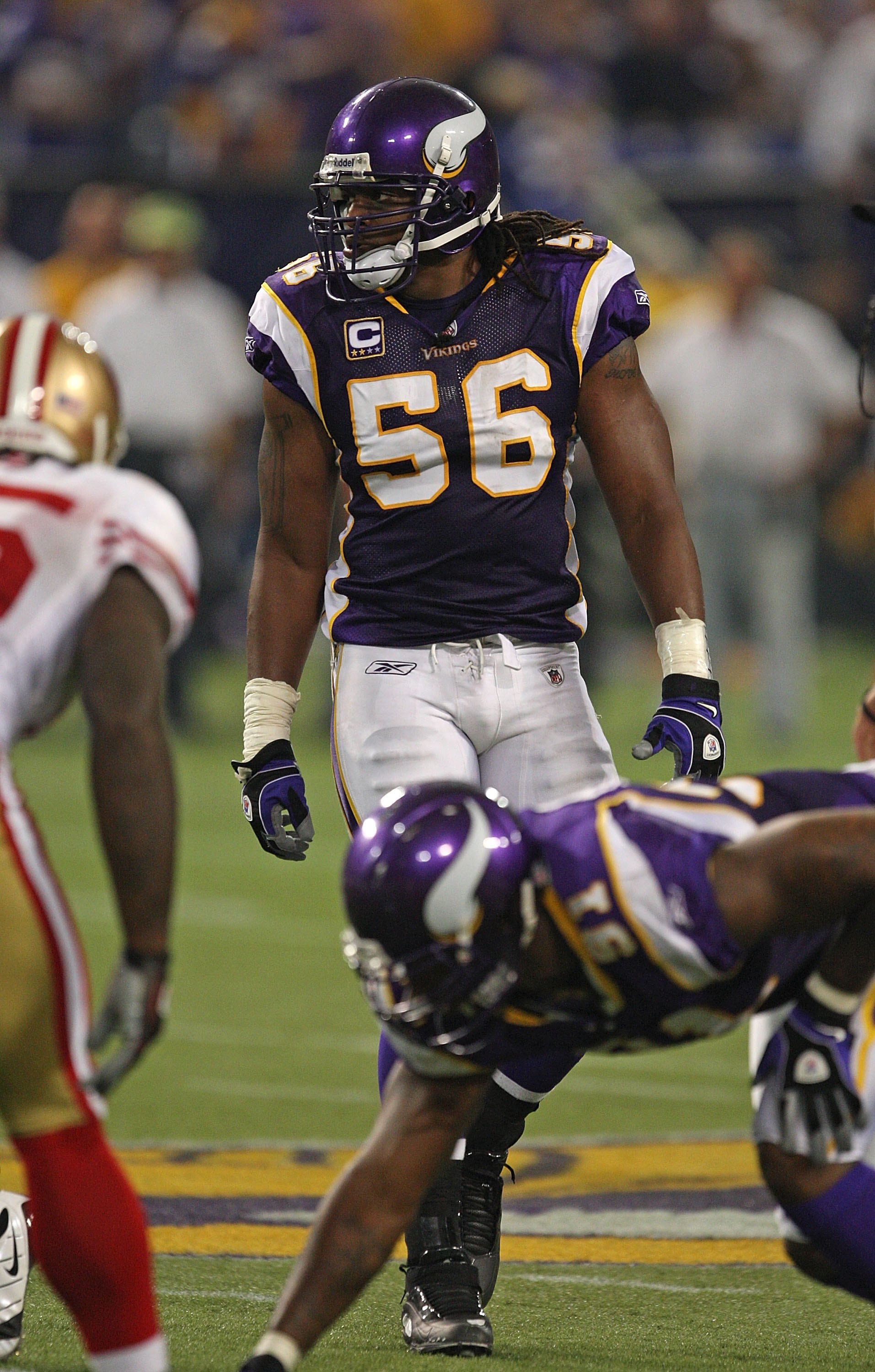 MINNEAPOLIS - SEPTEMBER 27: E.J.  Henderson #56 of the Minnesota Vikings awaits the start of play against the San Francisco 49ers at the Hubert H. Humphrey Metrodome on September 27, 2009 in Minneapolis, Minnesota. The Vikings defeated the 49ers 27-24. (P