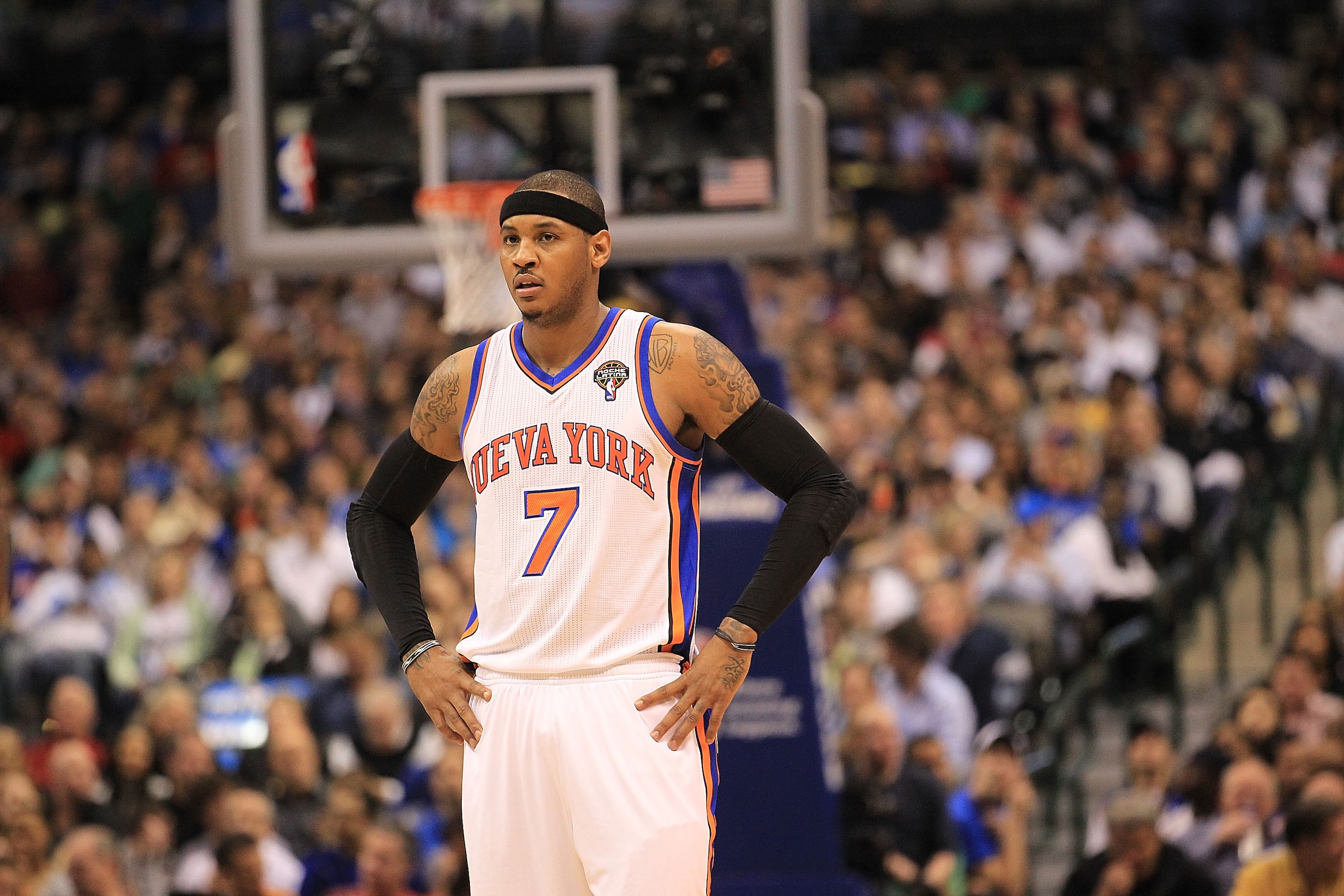 DALLAS, TX - MARCH 10:  Forward Carmelo Anthony #7 of the New York Knicks at American Airlines Center on March 10, 2011 in Dallas, Texas.  NOTE TO USER: User expressly acknowledges and agrees that, by downloading and or using this photograph, User is cons