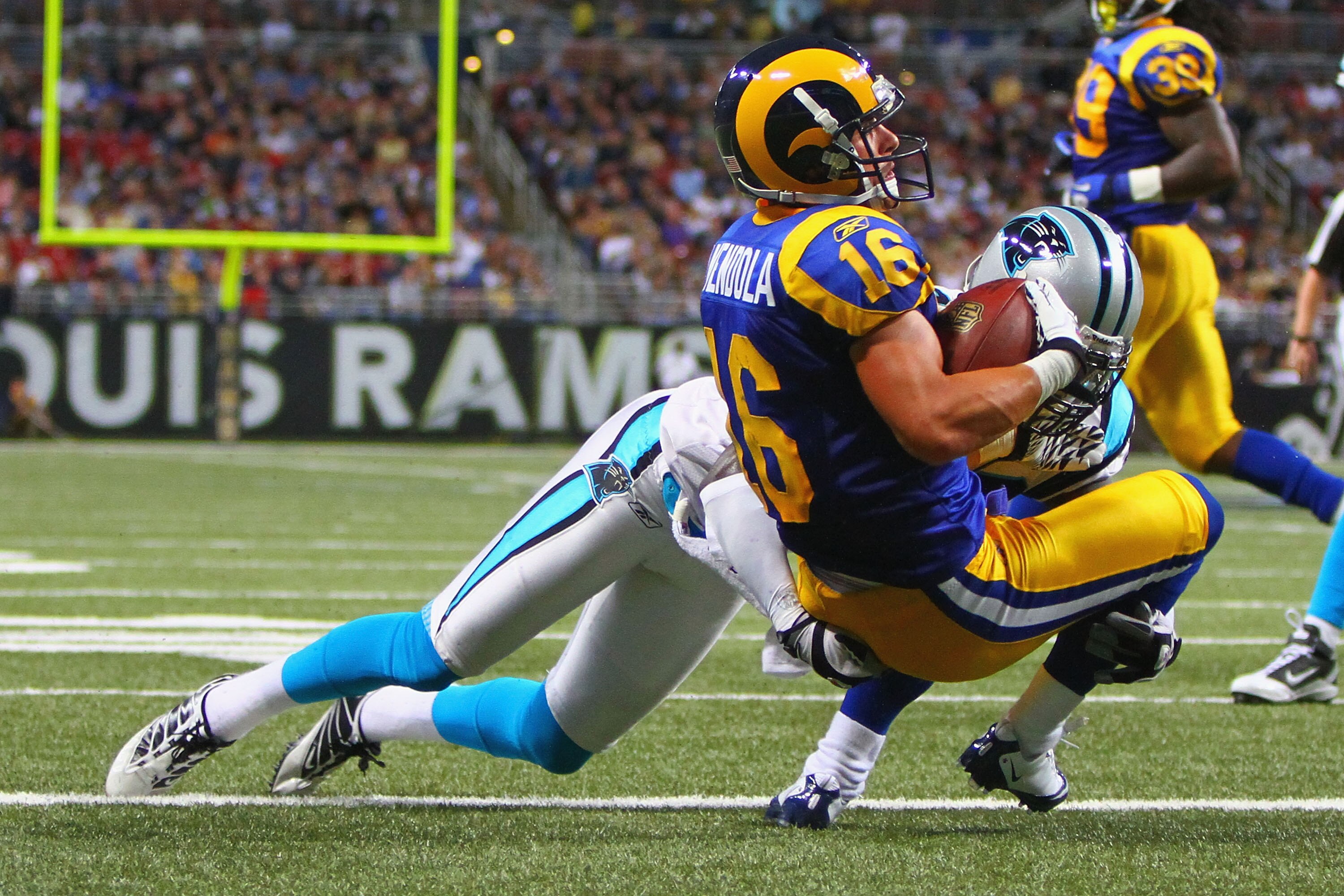 ST. LOUIS - OCTOBER 31: Danny Amendola #16 of the St. Louis Rams scores a touchdown against the Carolina Panthers at the Edward Jones Dome on October 31, 2010 in St. Louis, Missouri.  The Rams beat the Panthers 20-10.  (Photo by Dilip Vishwanat/Getty Imag
