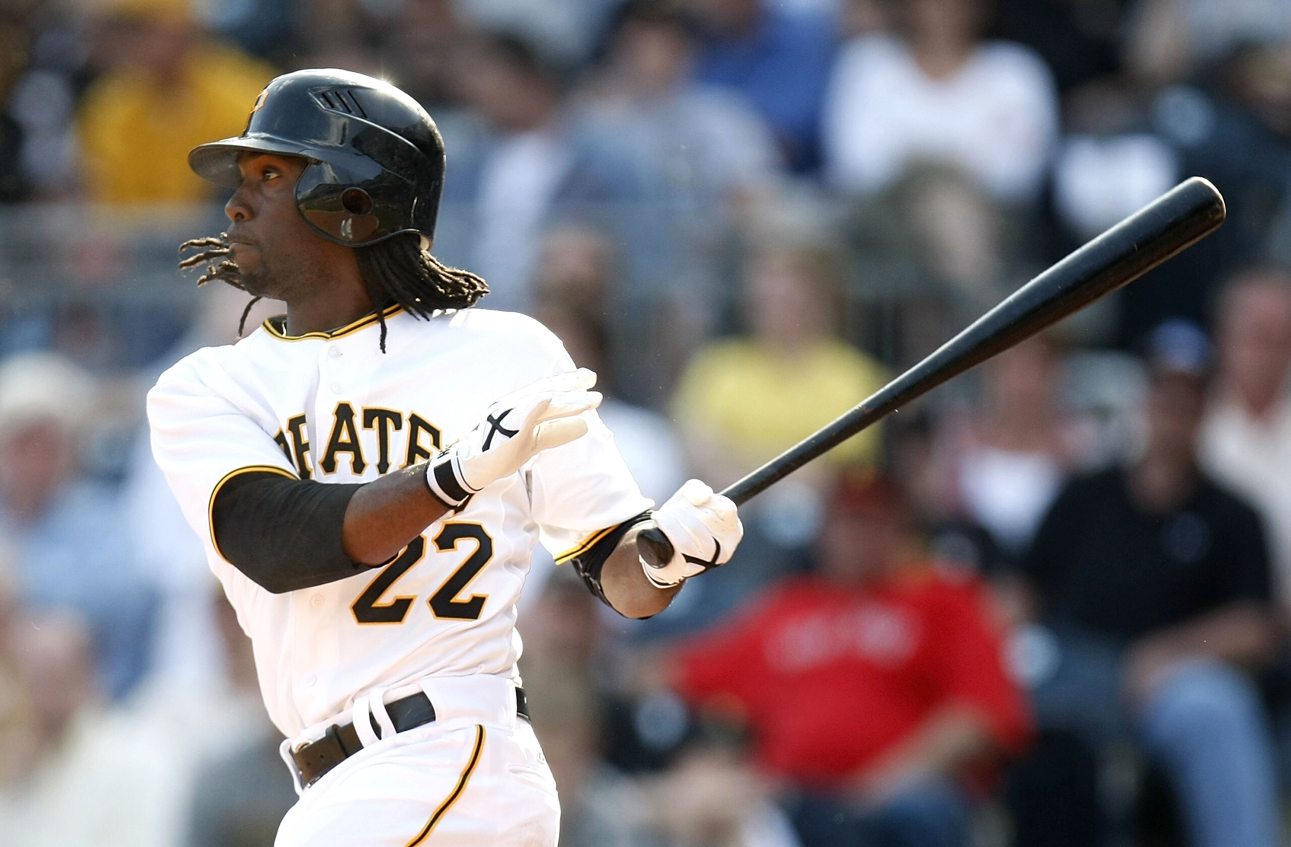 PITTSBURGH - APRIL 05:  Andrew McCutchen #22 of the Pittsburgh Pirates hits a eighth inning double while playing the Los Angeles Dodgers during the Home Opener for the Pittsburgh Pirates on April 5, 2010 at PNC Park in Pittsburgh, Pennsylvania. Pittsburgh