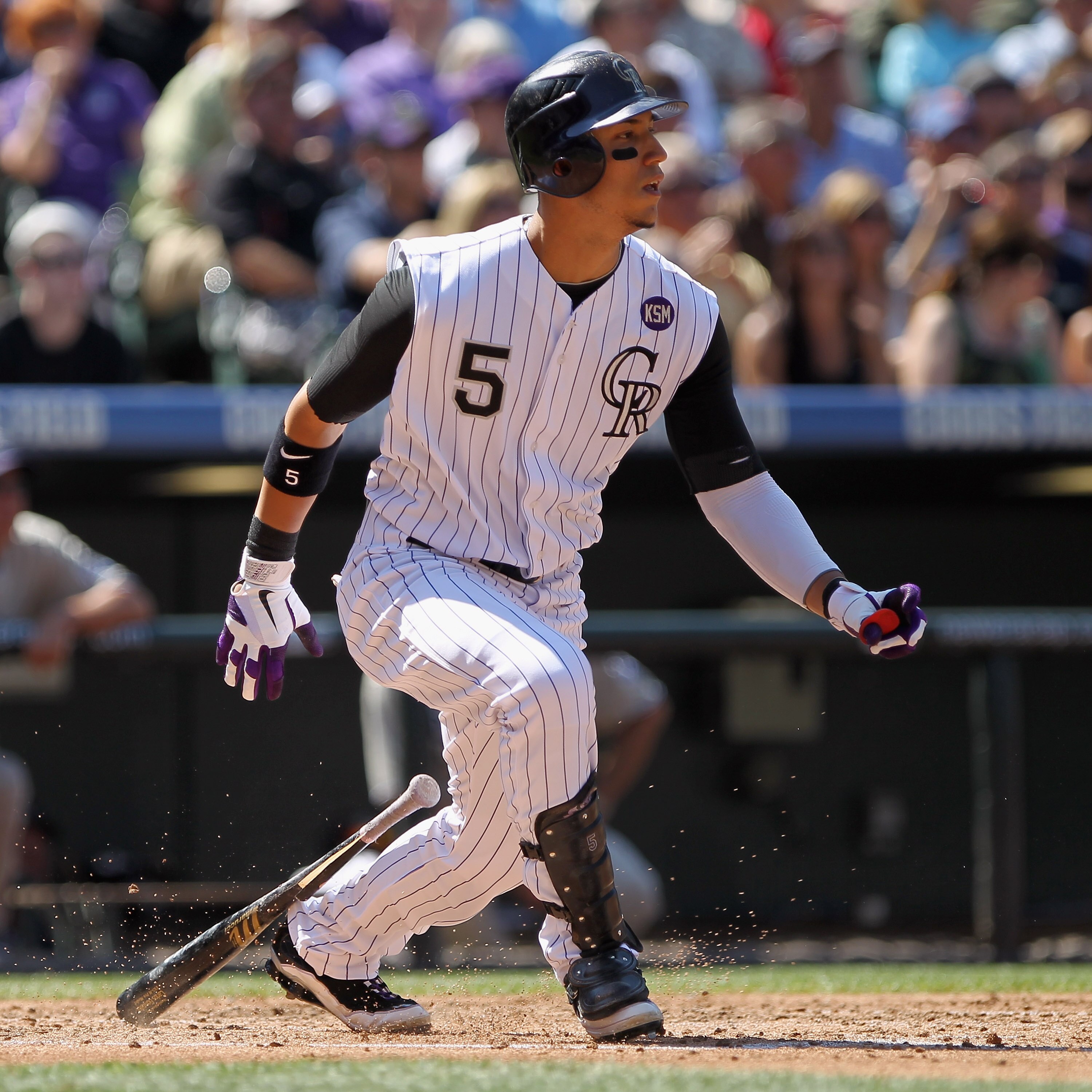 DENVER - SEPTEMBER 15:  Carlos Gonzalez #5 of the Colorado Rockies takes an at bat against the San Diego Padres at Coors Field on September 15, 2010 in Denver, Colorado. The Rockies defeated the Padres 9-6.  (Photo by Doug Pensinger/Getty Images)