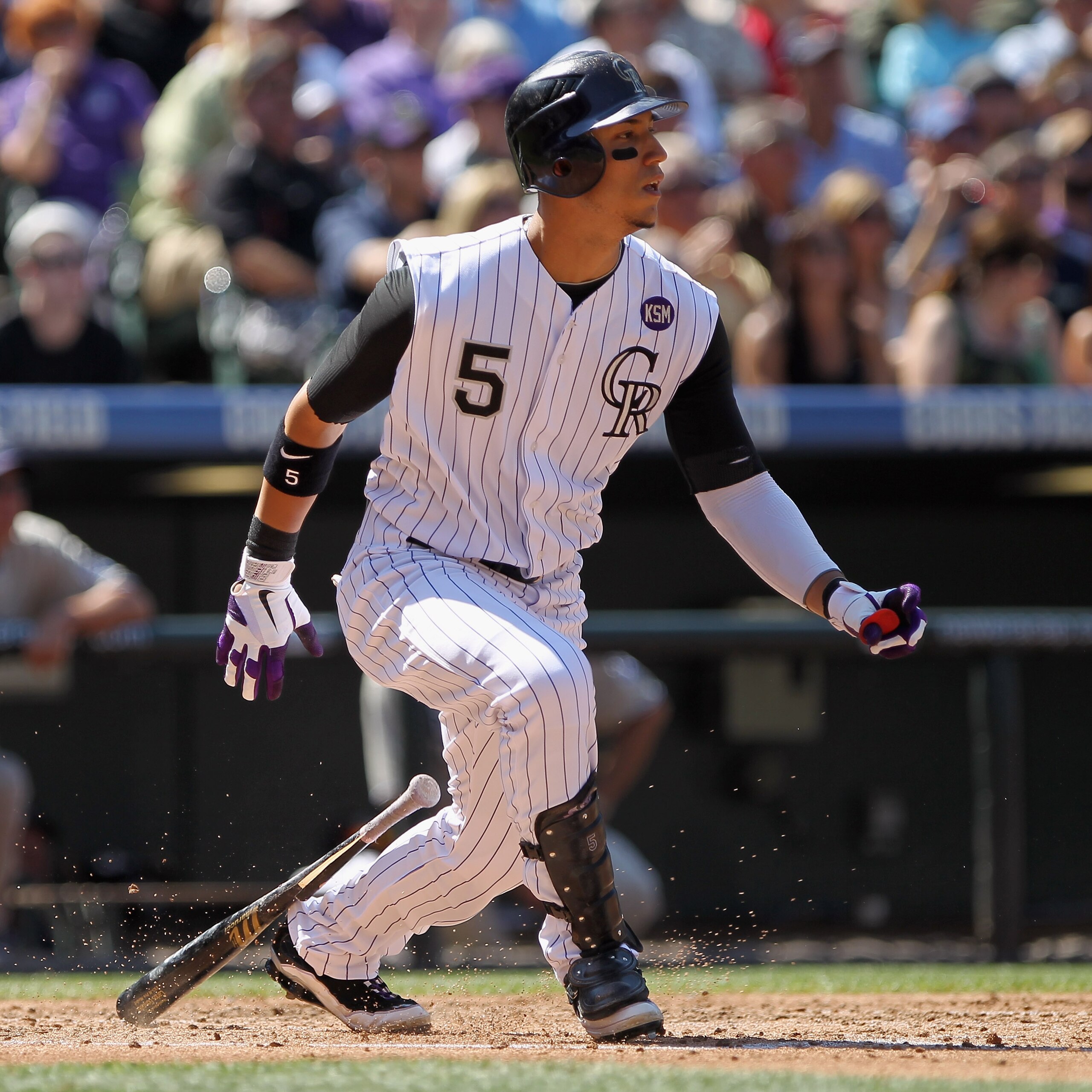 DENVER - SEPTEMBER 15:  Carlos Gonzalez #5 of the Colorado Rockies takes an at bat against the San Diego Padres at Coors Field on September 15, 2010 in Denver, Colorado. The Rockies defeated the Padres 9-6.  (Photo by Doug Pensinger/Getty Images)