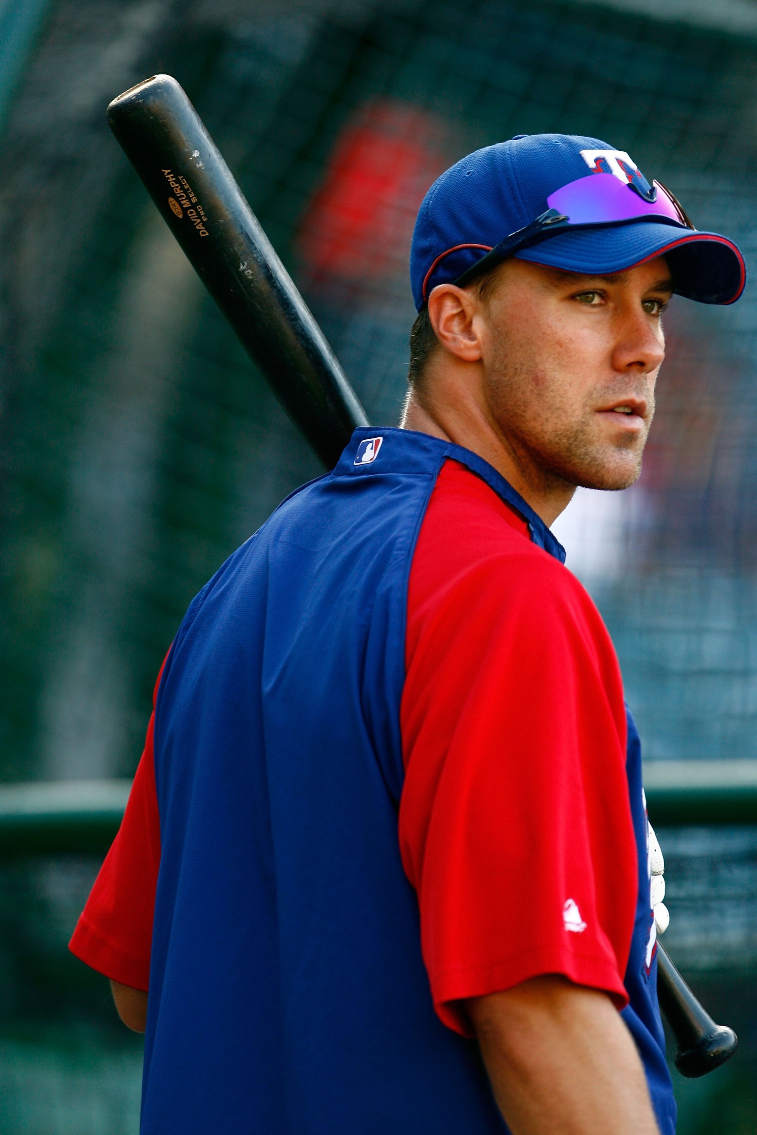 ANAHEIM, CA - JULY 07:  David Murphy #7 of the Texas Rangers takes batting practice prior to the game against the Los Angeles Angels of Anaheim at Angel Stadium on July 7, 2009 in Anaheim, California.  (Photo by Jeff Gross/Getty Images)