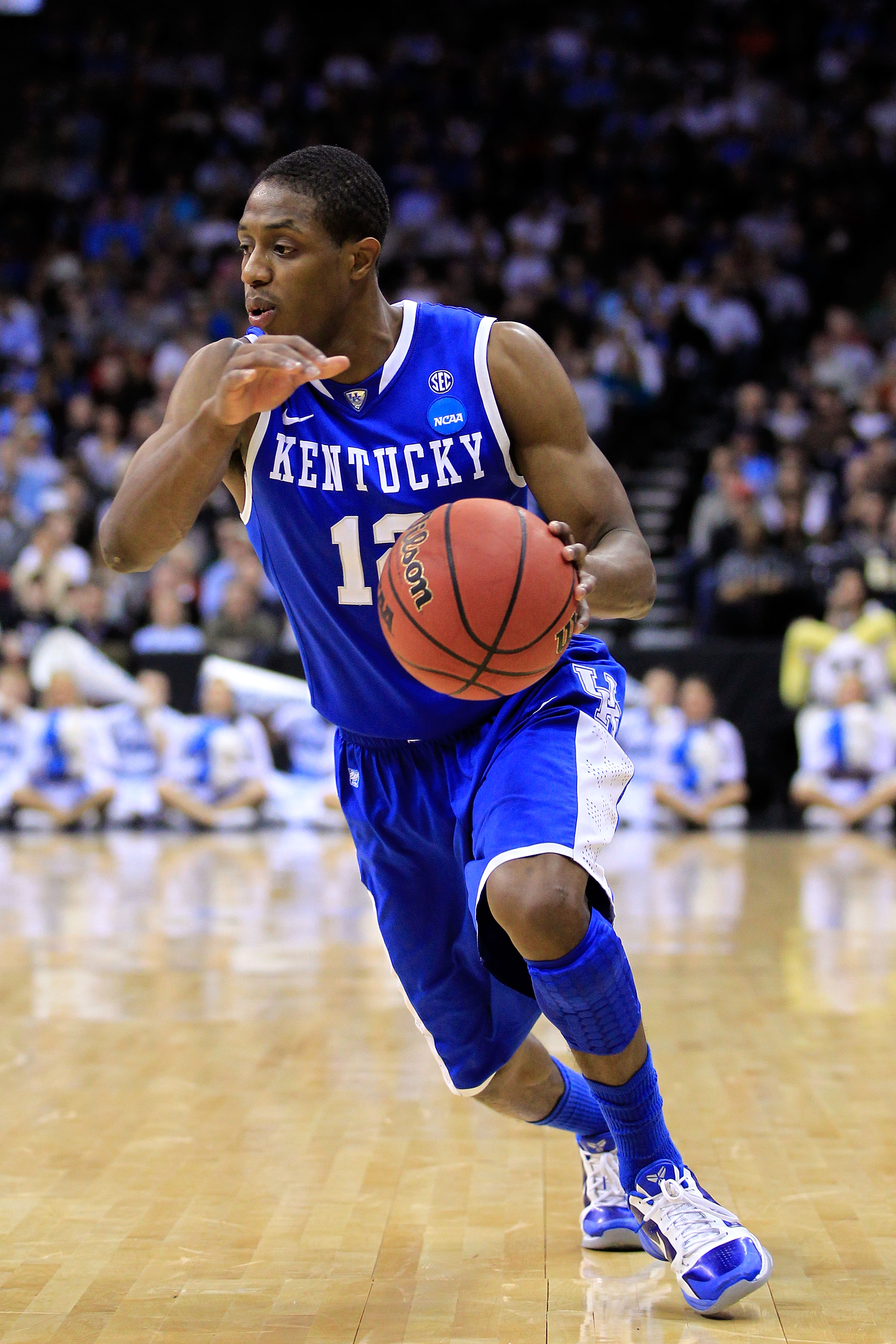 NEWARK, NJ - MARCH 27:  Brandon Knight #12 of the Kentucky Wildcats dribbles the ball against the North Carolina Tar Heels during the east regional final of the 2011 NCAA men's basketball tournament at Prudential Center on March 27, 2011 in Newark, New Je