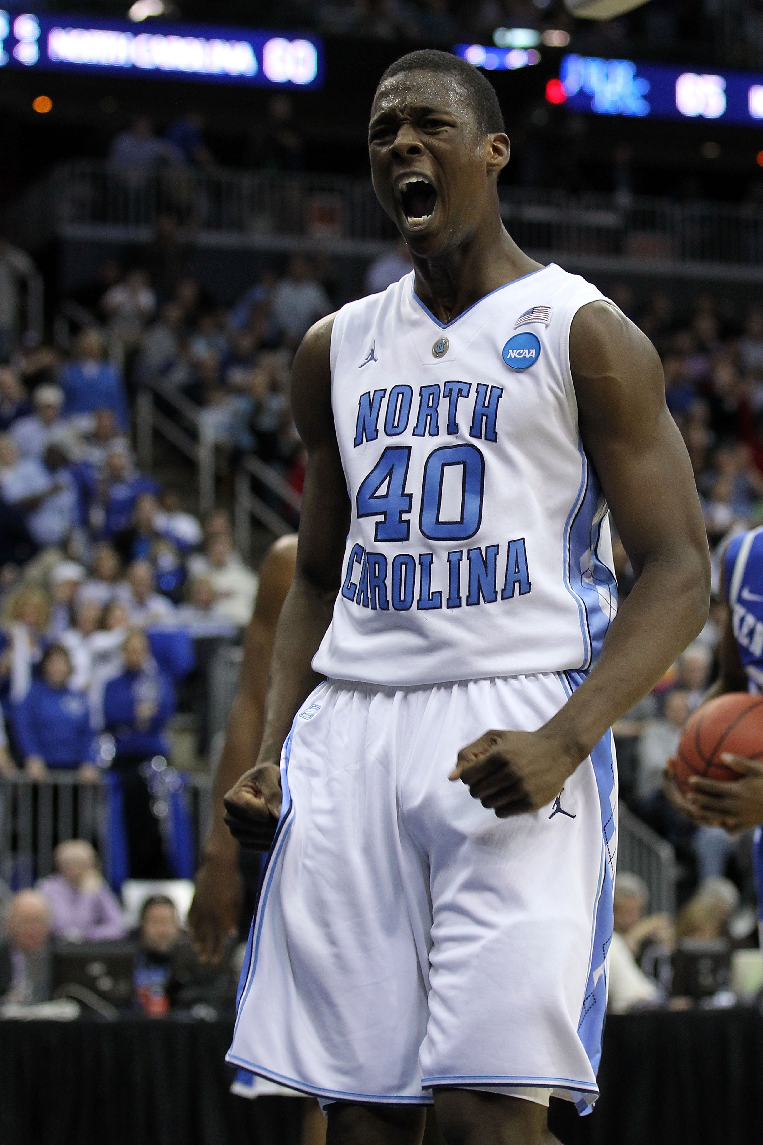 NEWARK, NJ - MARCH 27:  Harrison Barnes #40 of the North Carolina Tar Heels reacts after a play during the second half of the game against the Kentucky Wildcats in the east regional final of the 2011 NCAA men's basketball tournament at Prudential Center o