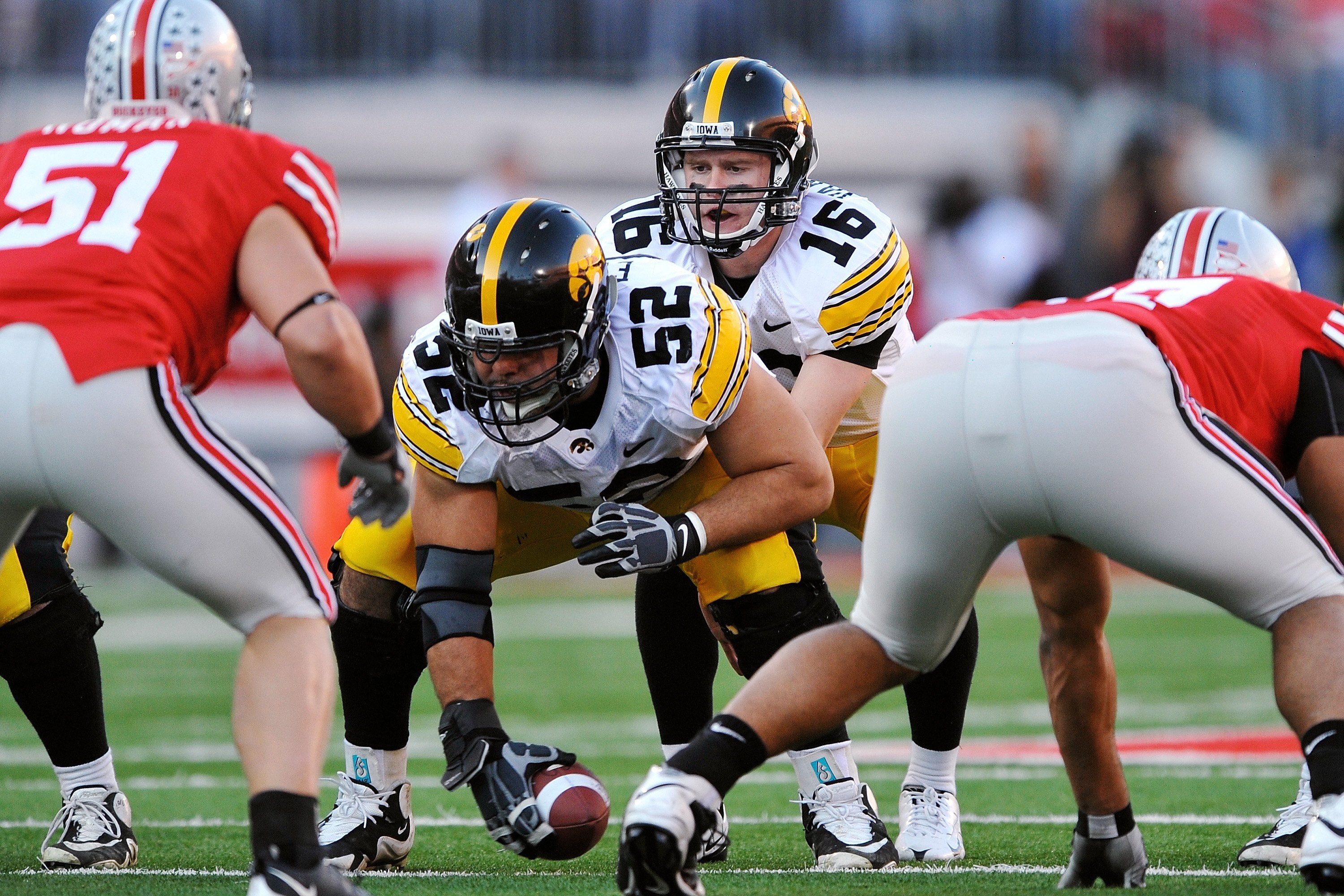 COLUMBUS, OH - NOVEMBER 14:  Quarterback James Vandenberg #16 of the Iowa Hawkeyes takes the snap from center against the Ohio State Buckeyes at Ohio Stadium on November 14, 2009 in Columbus, Ohio.  (Photo by Jamie Sabau/Getty Images)
