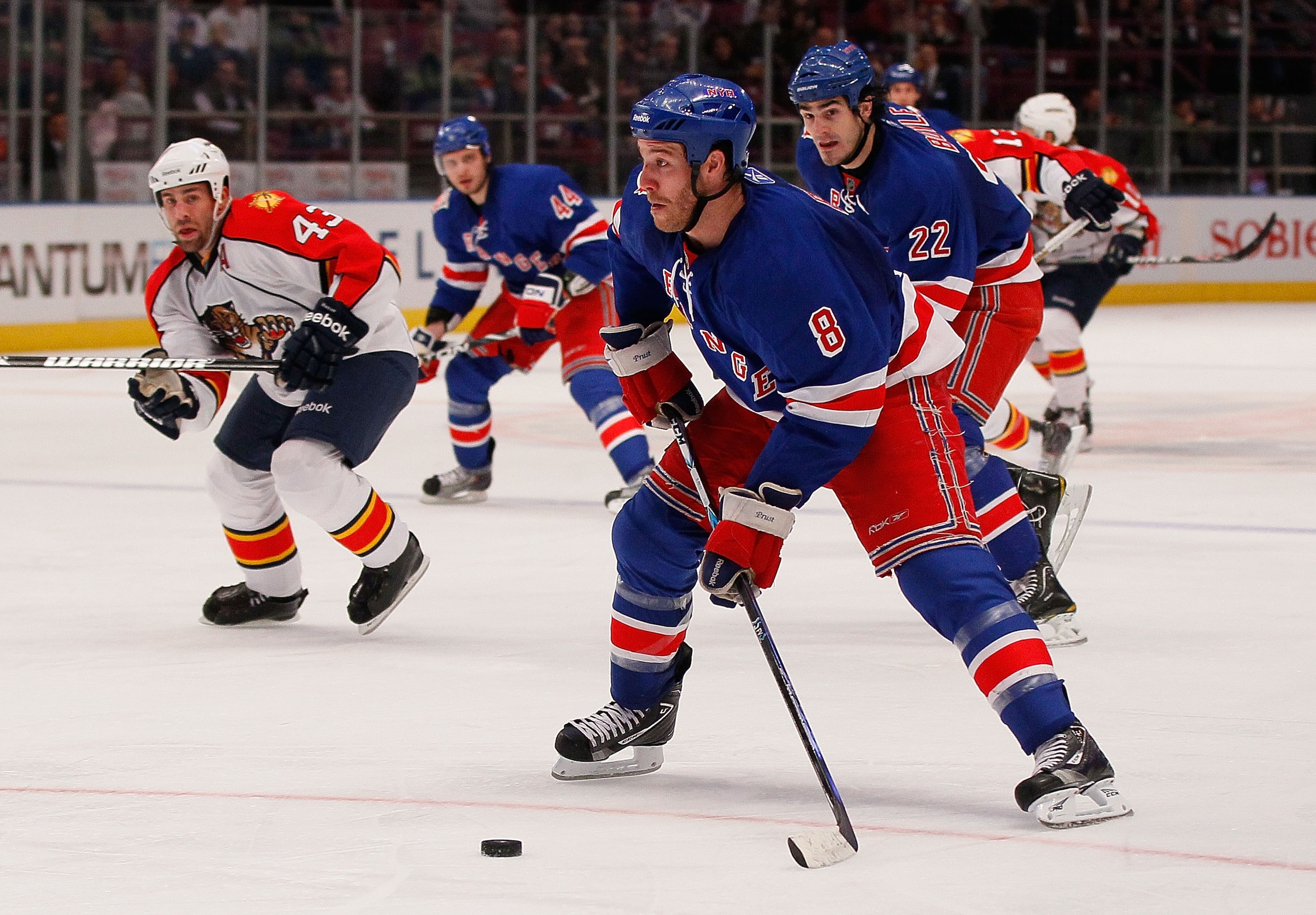 NEW YORK - MARCH 22:  Brandon Prust #8 of the New York Rangers skates against the Florida Panthers on March 22, 2011 at Madison Square Garden in New York City, New York. Rangers defeated the Islanders 1-0.  (Photo by Mike Stobe/Getty Images)