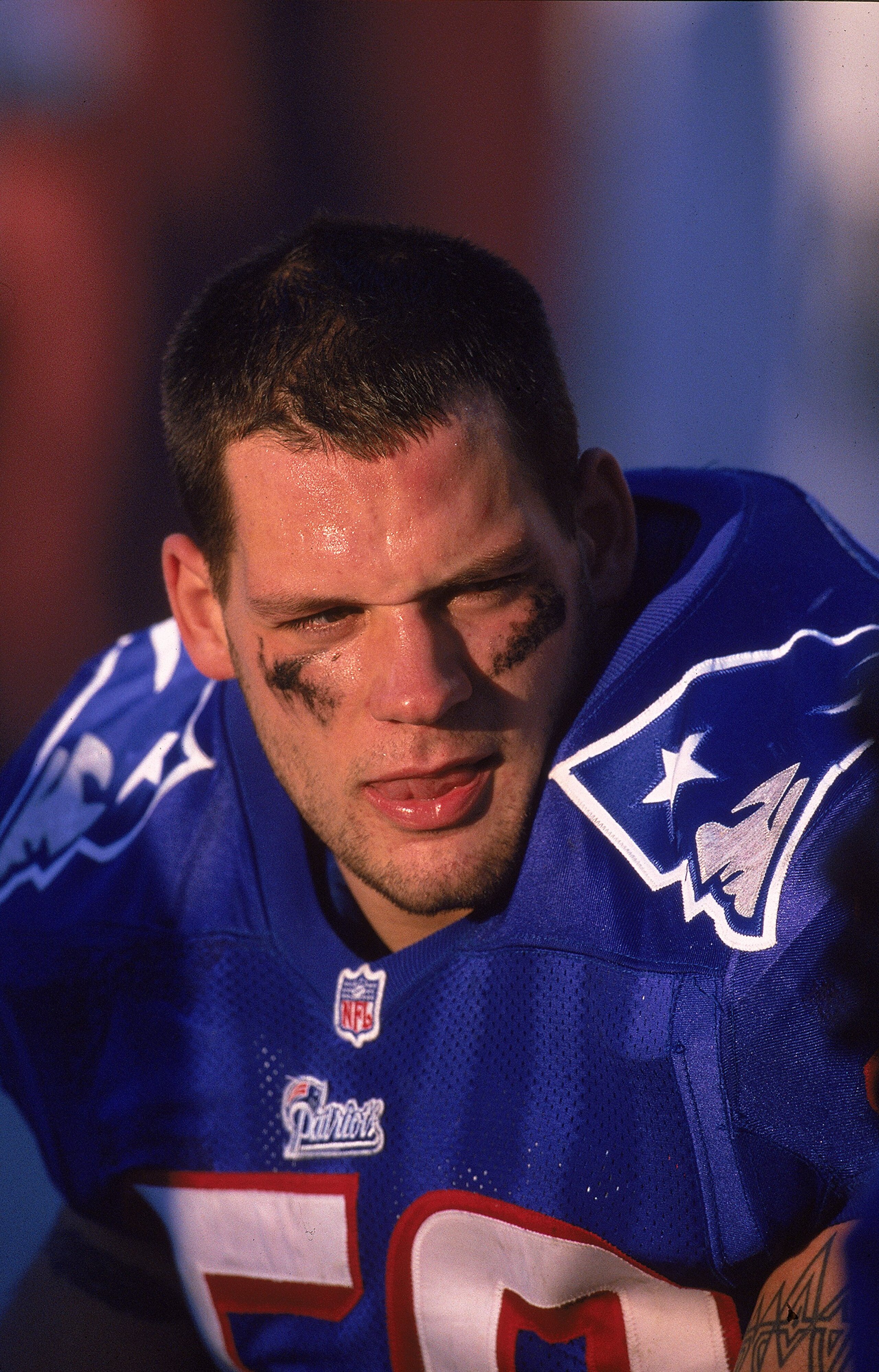 31 Oct 1999: Andy Katzenmoyer #59 of the New England Patriots looks  on from the bench during the game against the Arizona Cardinals at the Sun Devil Stadium in Tempe, Arizona. The Patriots defeated the Cardinals 27-3. Mandatory Credit: Tom Hauck  /Allspo