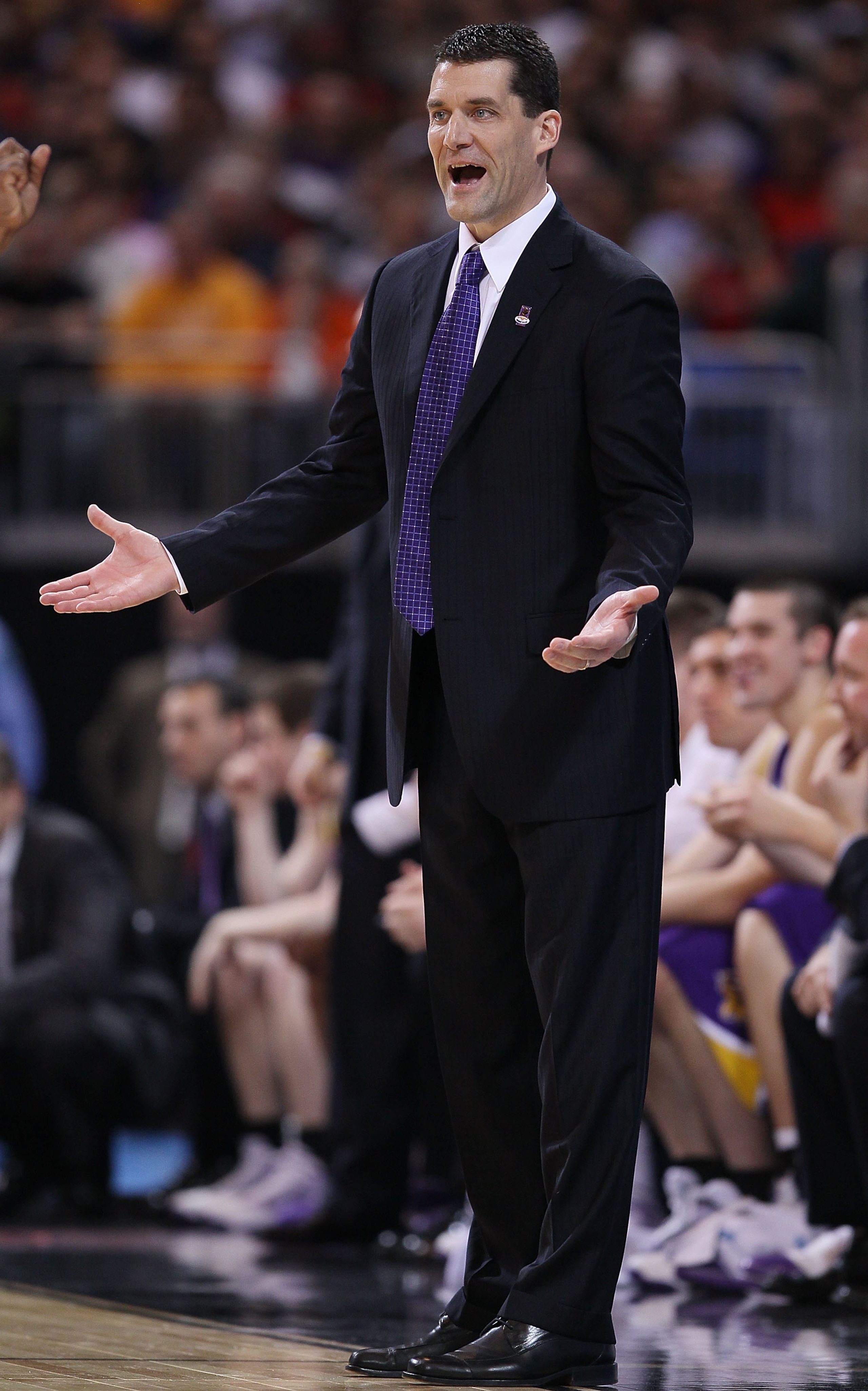 ST. LOUIS - MARCH 26:  Head coach Ben Jacobson of the Northern Iowa Panthers reacts after a foul is called against one of his players in the first half against the Michigan State Spartans during the midwest regional semifinal of the 2010 NCAA men's basket