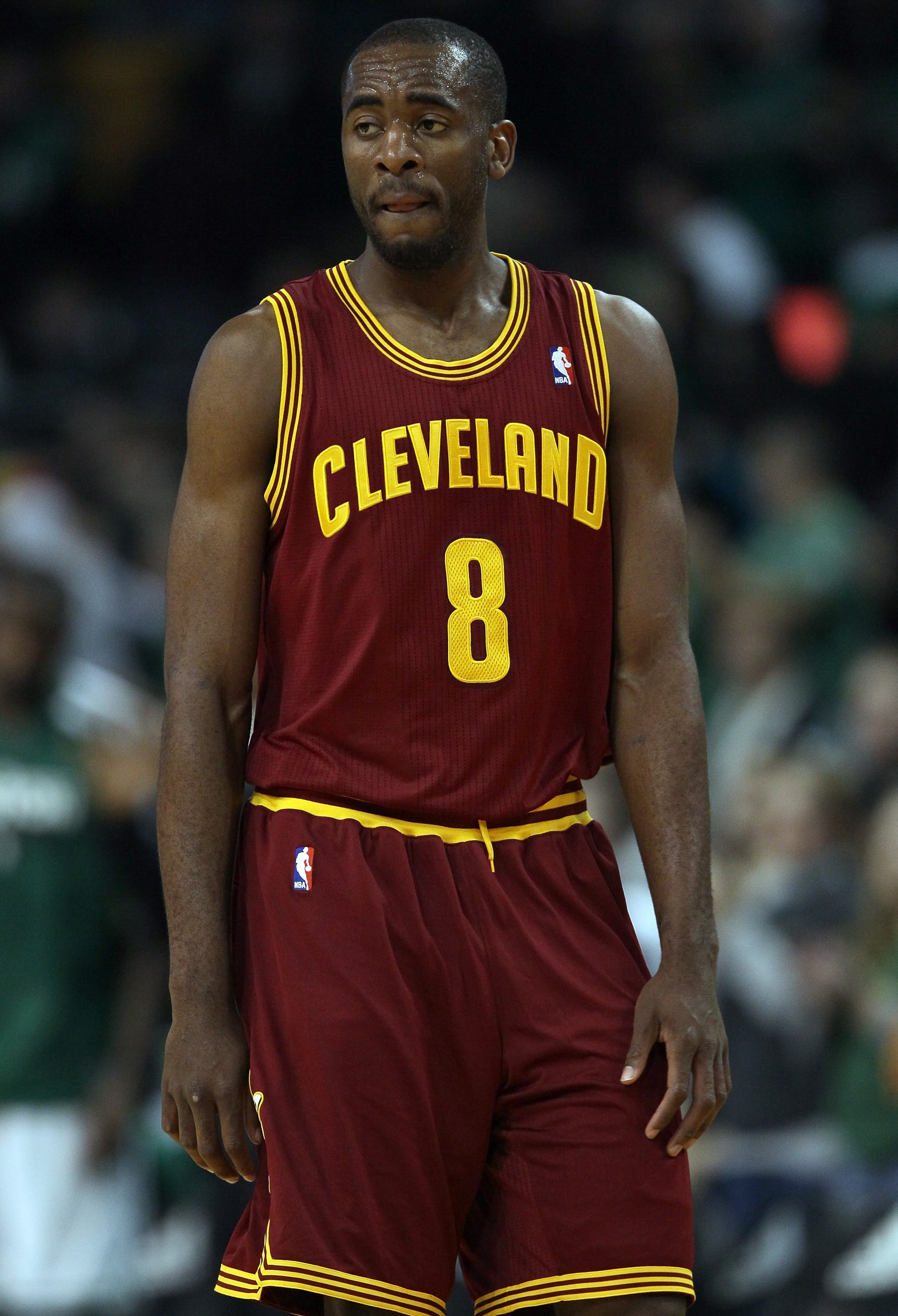BOSTON, MA - JANUARY 25:  Christian Eyenga #8 of the of the Cleveland Cavaliers reacts after the loss to the Boston Celtics on January 25, 2011 at the TD Garden in Boston, Massachusetts. The Celtics defeated the Cavaliers 112-95.  NOTE TO USER: User expre