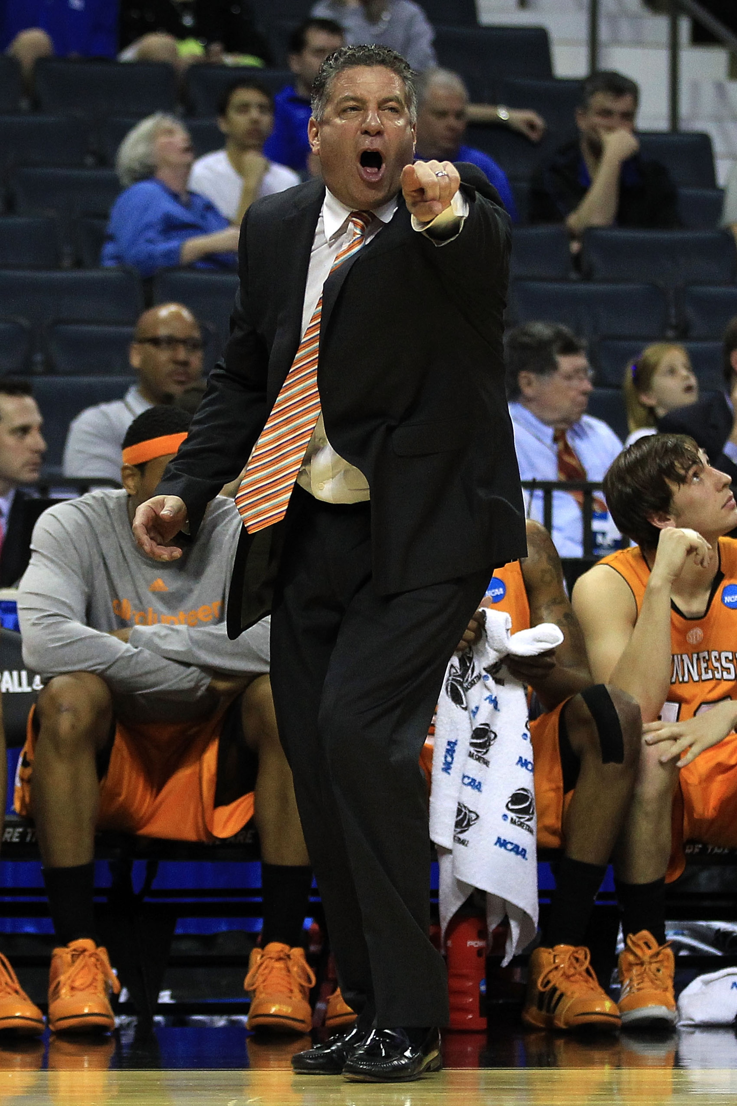 CHARLOTTE, NC - MARCH 18:  Head coach Bruce Pearl of the Tennessee Volunteers reacts in the first half while taking on the Michigan Wolverines during the second round of the 2011 NCAA men's basketball tournament at Time Warner Cable Arena on March 18, 201